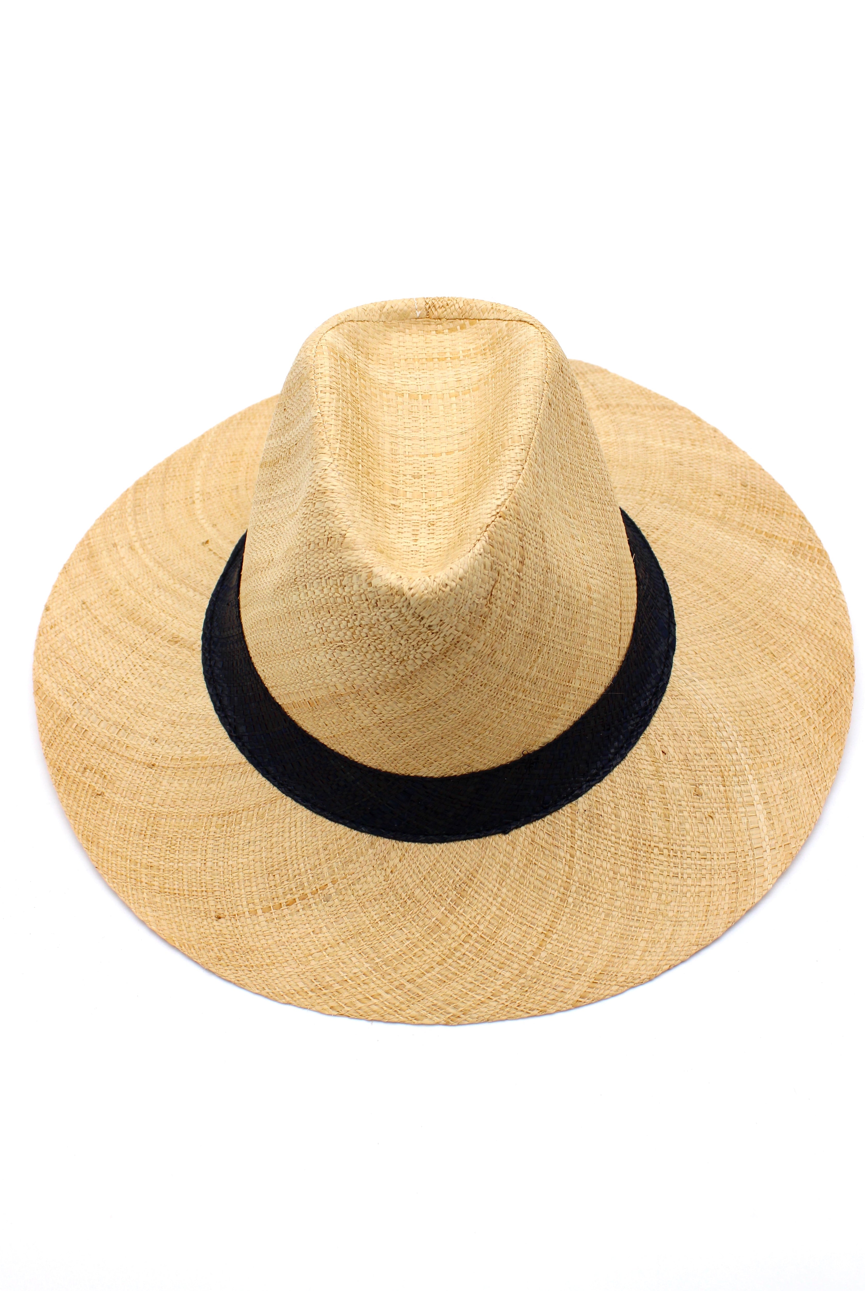 Jamie Panama 3" brim handmade loomed raffia in a solid hue of natural straw color with attached black hat band uv/sun protection lightweight breathable straw sun hat - Shebobo