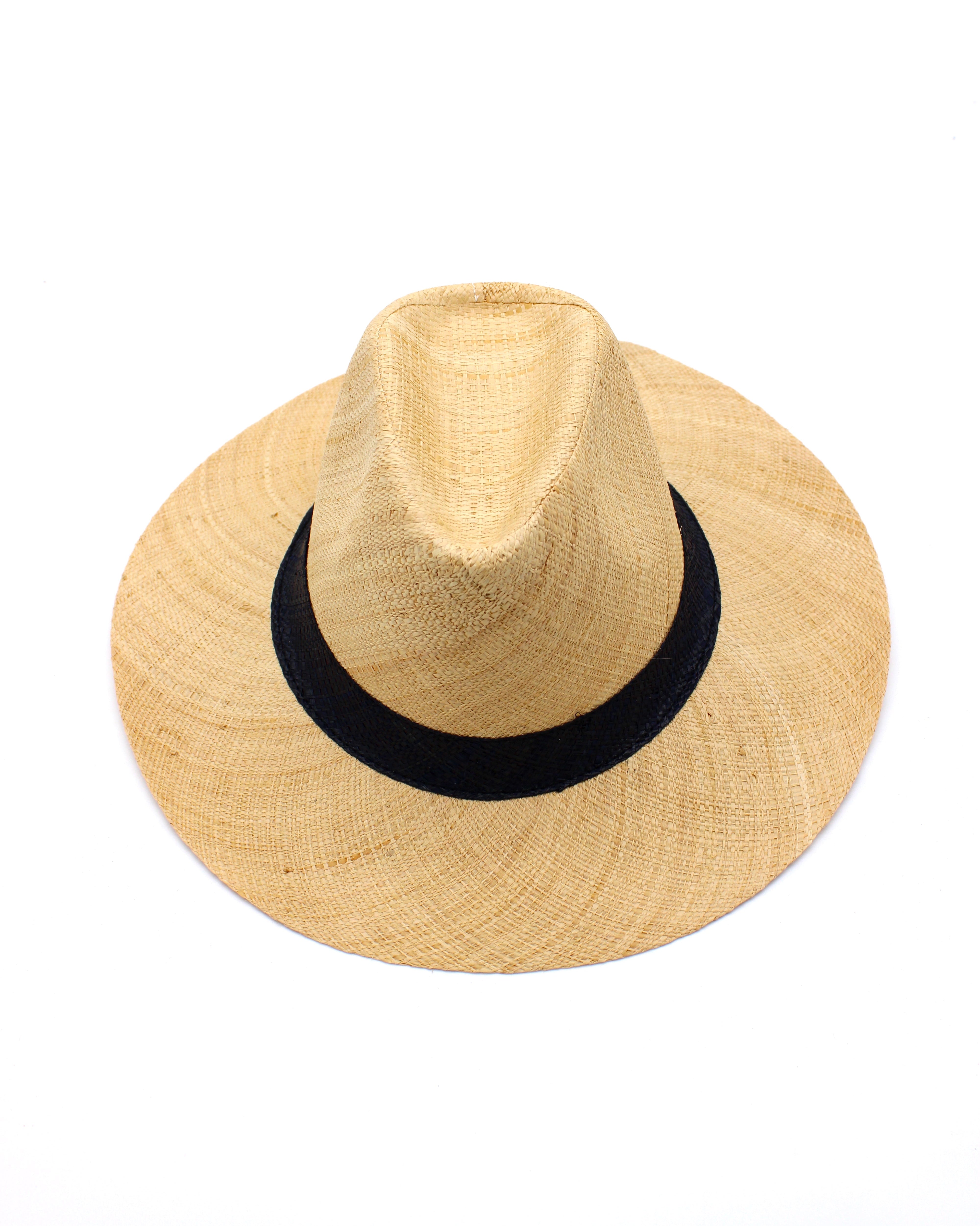 Jamie Panama 3" brim handmade loomed raffia in a solid hue of natural straw color with attached black hat band uv/sun protection lightweight breathable straw sun hat - Shebobo