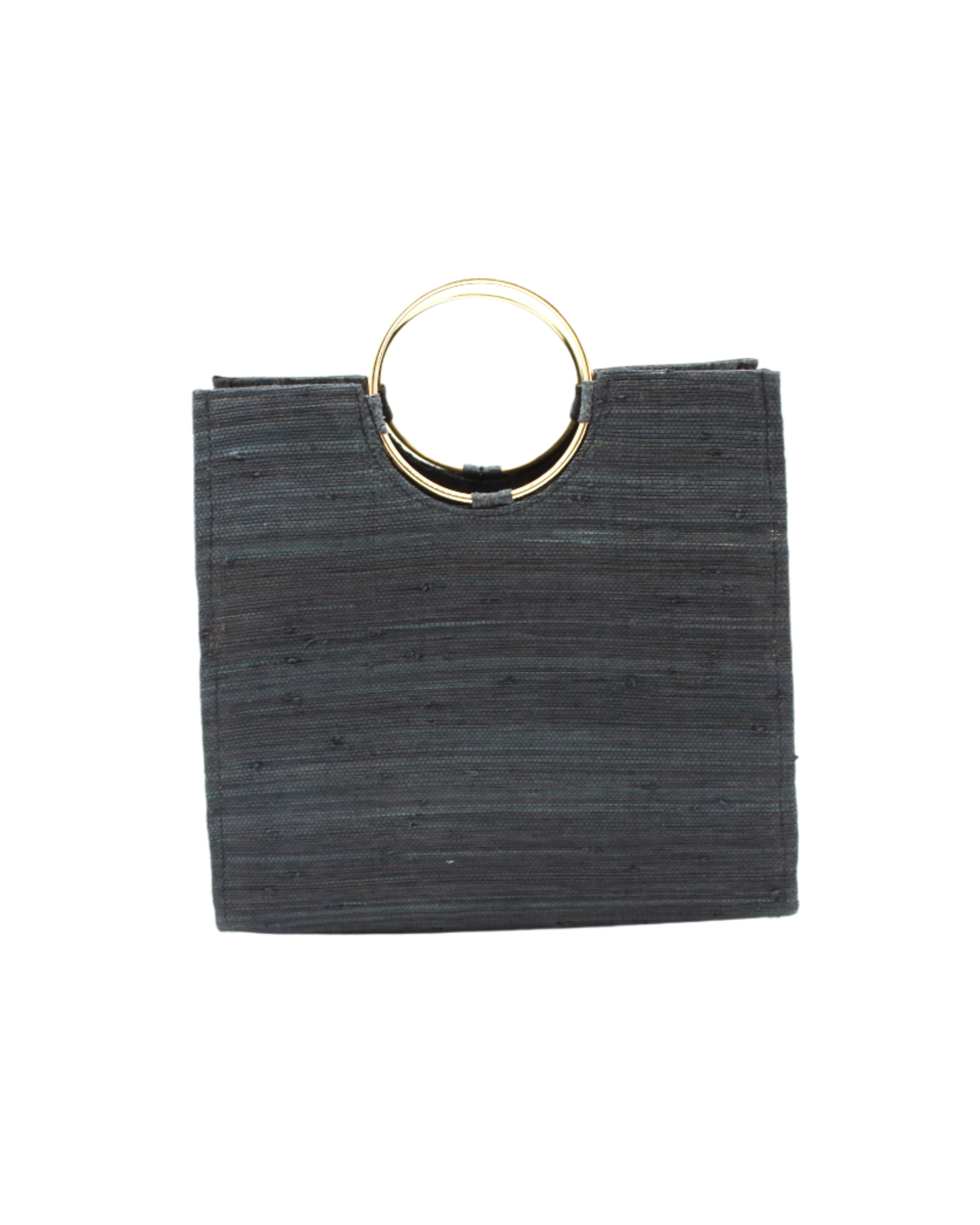 JoJo Woven Straw Handbag with Metal Ring Handle handmade natural raffia palm fiber in a solid hue of Black with matching woven thread texture and metallic circular metal ring handle - Shebobo