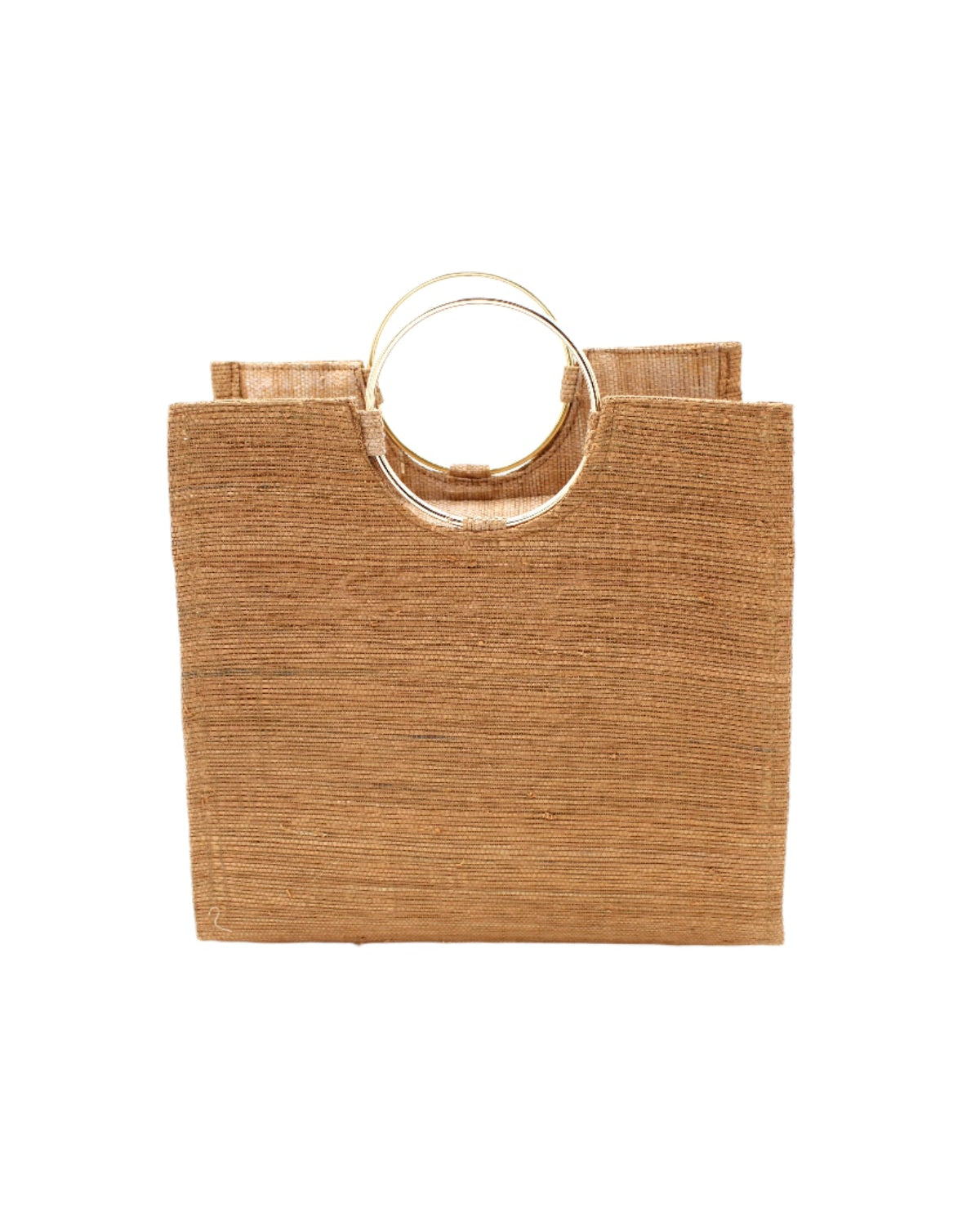 JoJo Woven Straw Handbag with Metal Ring Handle handmade natural raffia palm fiber in a solid hue of Cappuccino tea/light/brown with matching woven thread texture and metallic circular metal ring handle - Shebobo