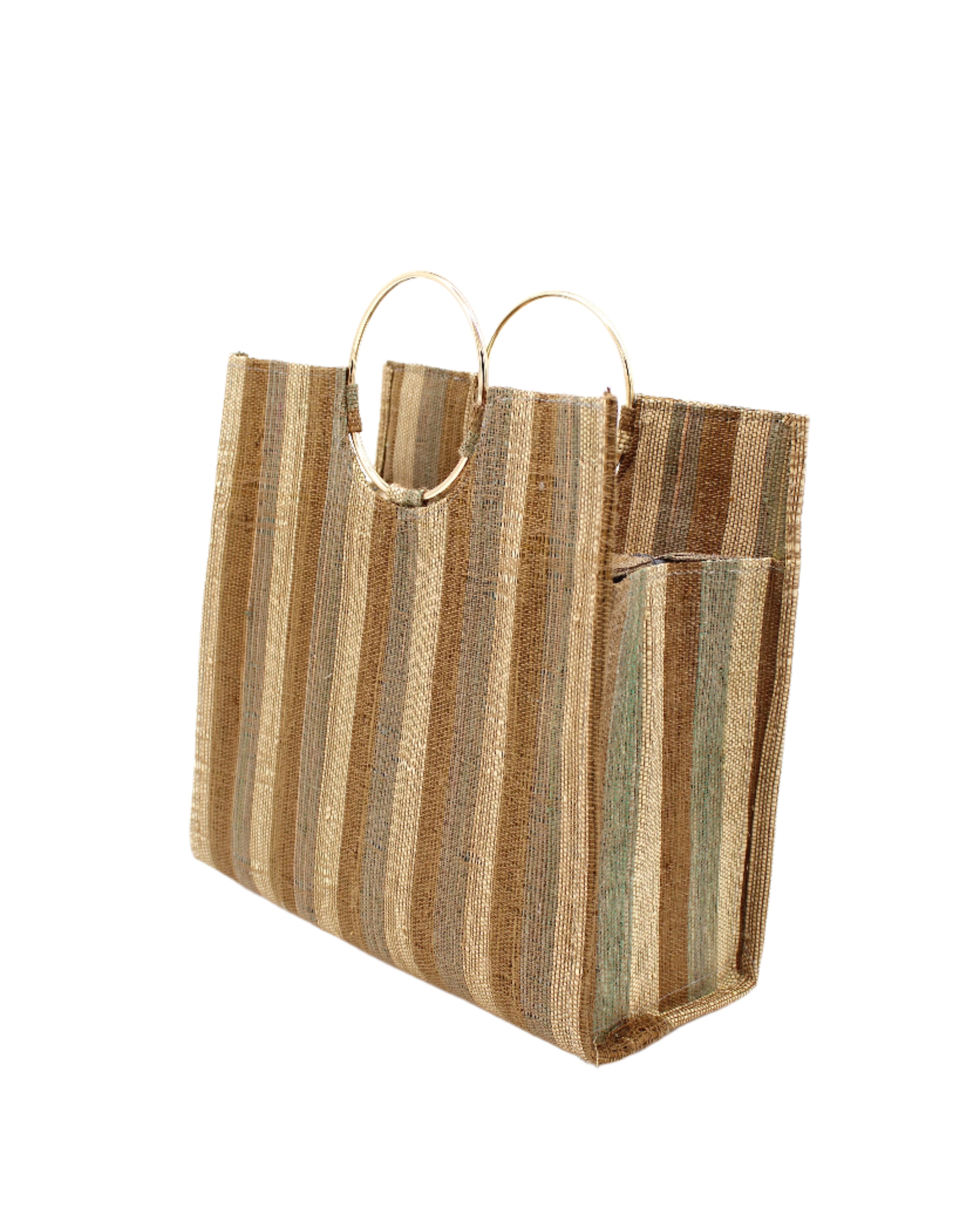 Side View JoJo Woven Straw Handbag with Metal Ring Handle handmade natural raffia palm fiber in a stripe pattern of natural straw color, grey, and Cinnamon tobacco/dark/brown with matching woven thread texture and metallic circular metal ring handle - Shebobo