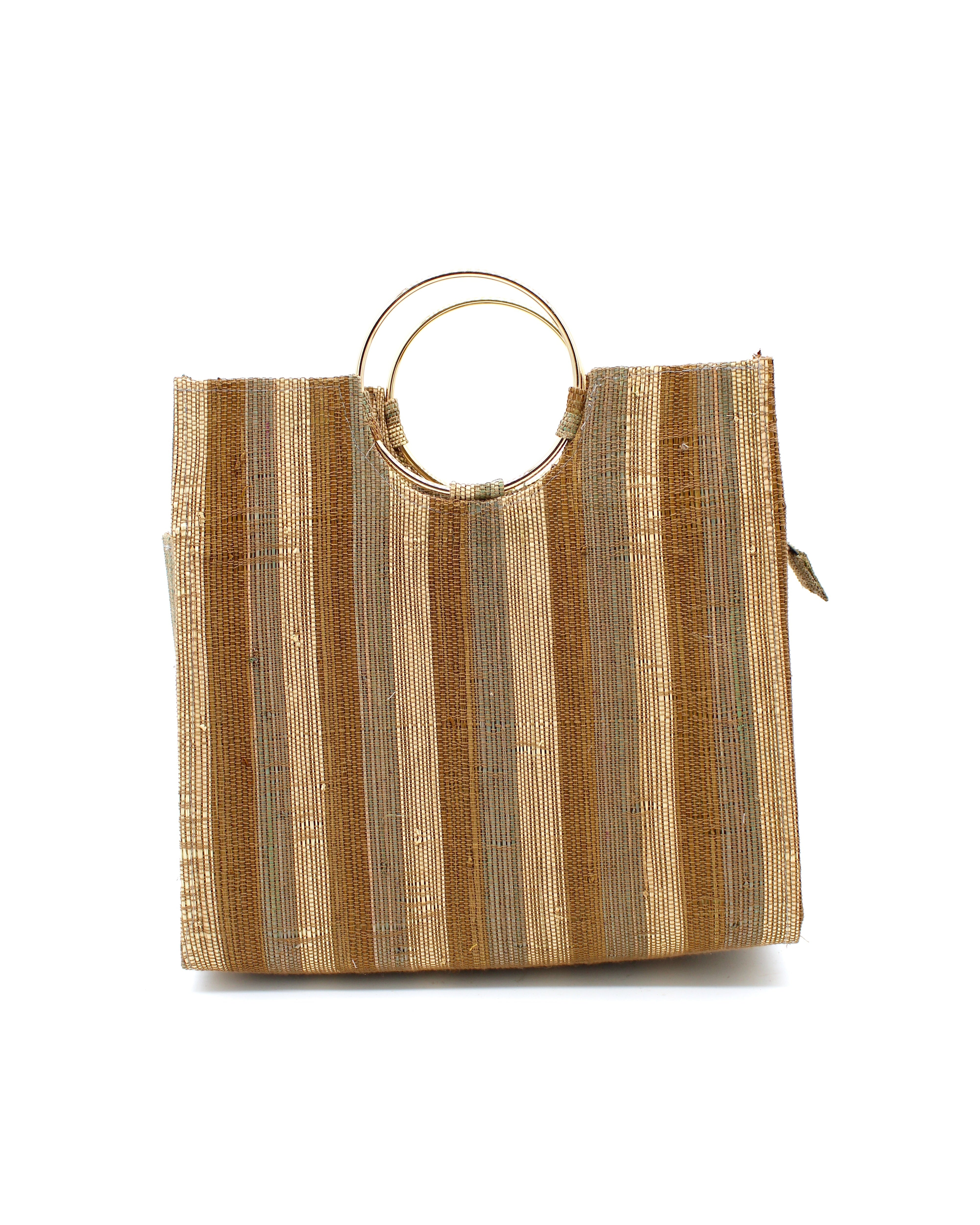 Cinnamon Swirl JoJo Woven Straw Handbag with Metal Ring Handle handmade natural raffia palm fiber in a stripe pattern of natural straw color, grey, and Cinnamon tobacco/dark/brown with matching woven thread texture and metallic circular metal ring handle - Shebobo