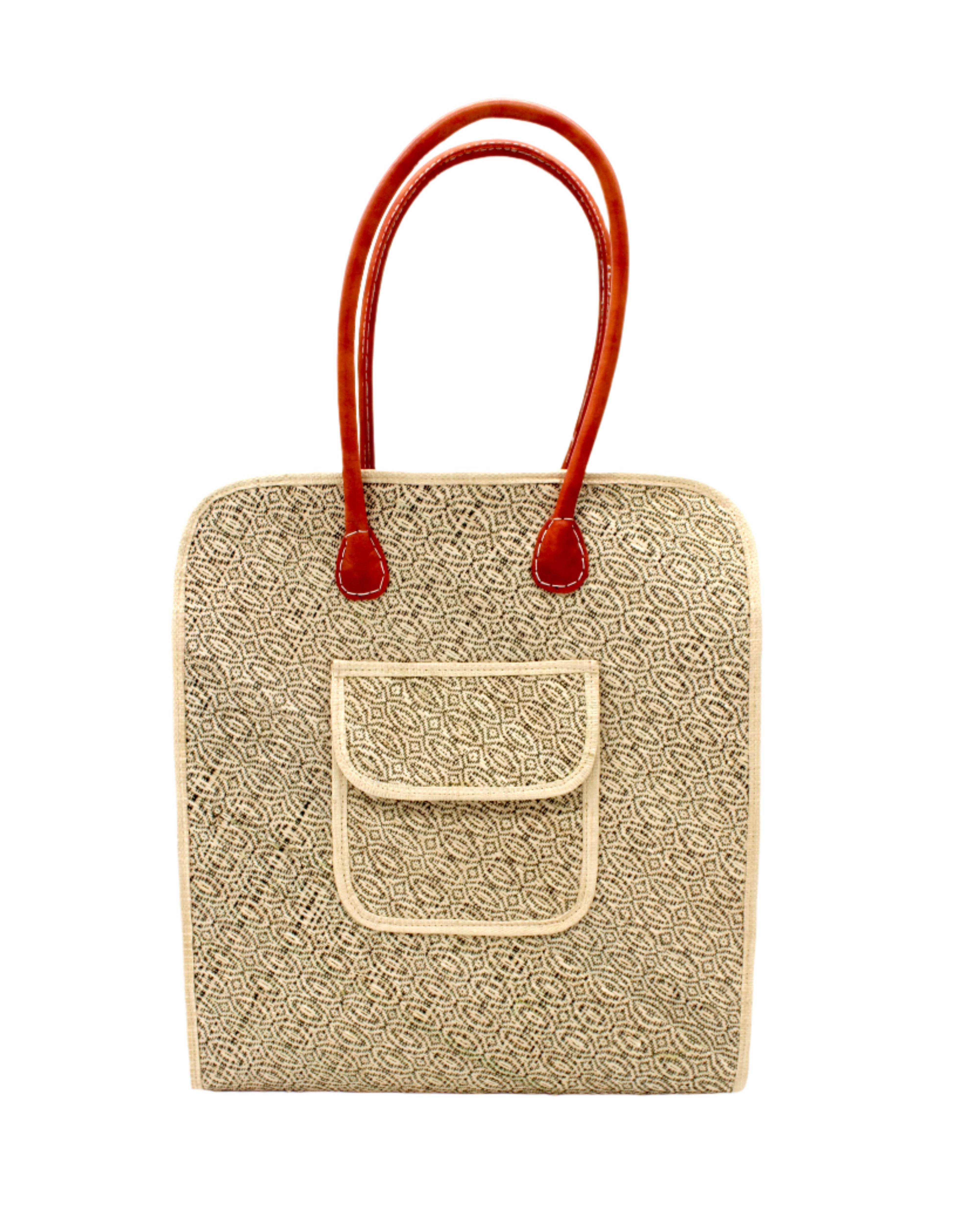 Josephine 50's Inspired Woven Straw Handbag handmade natural raffia palm fiber in natural straw color woven with contrasting Black thread stitching in a subtle diagonal stripe pattern consisting of bands of ovals and circles with loomed raffia edging around the bag as well as the pocket and flap of the exterior pocket - Shebobo