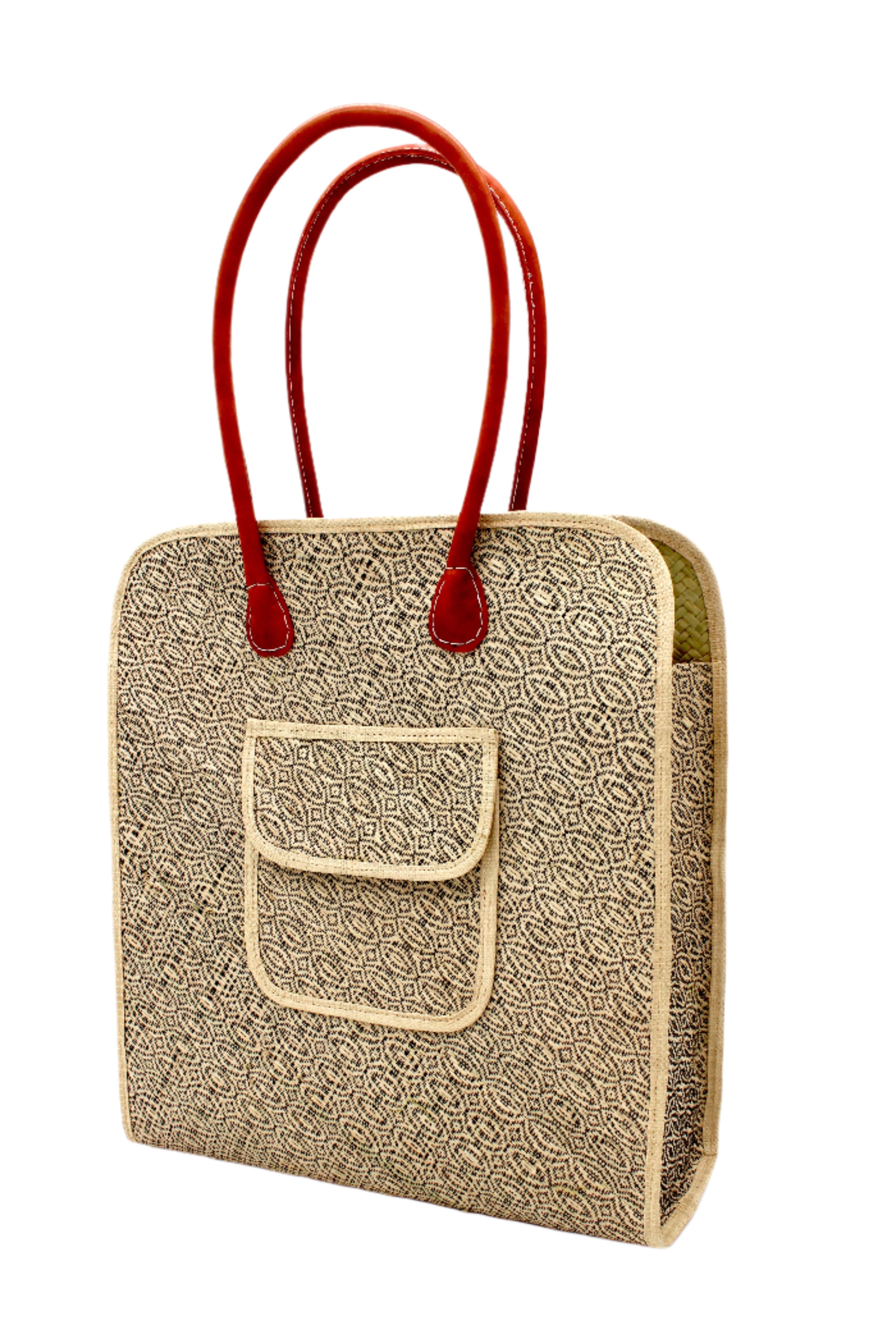 Side view Josephine 50's Inspired Woven Straw Handbag handmade natural raffia palm fiber in natural straw color woven with contrasting Black thread stitching in a subtle diagonal stripe pattern consisting of bands of ovals and circles with loomed raffia edging around the bag as well as the pocket and flap of the exterior pocket - Shebobo