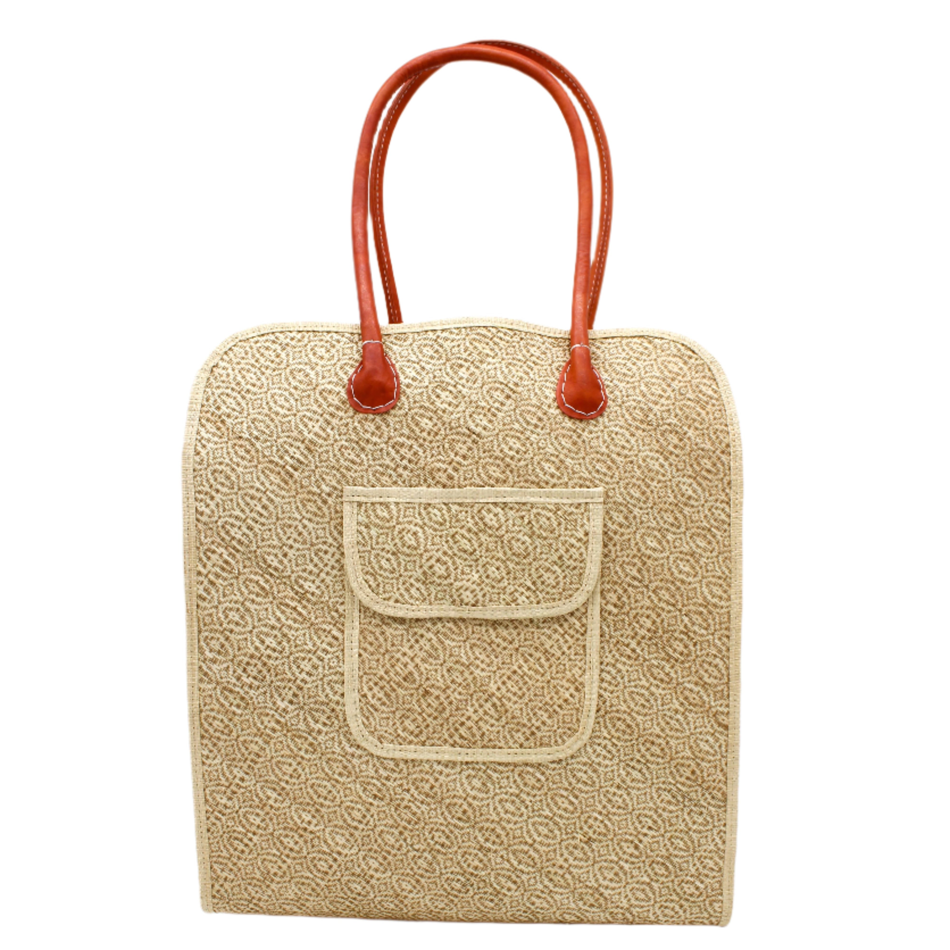 Josephine 50's Inspired Woven Straw Handbag handmade natural raffia palm fiber in natural straw color woven with contrasting Cinnamon tobacco/dark/brown thread stitching in a subtle diagonal stripe pattern consisting of bands of ovals and circles with loomed raffia edging around the bag as well as the pocket and flap of the exterior pocket - Shebobo