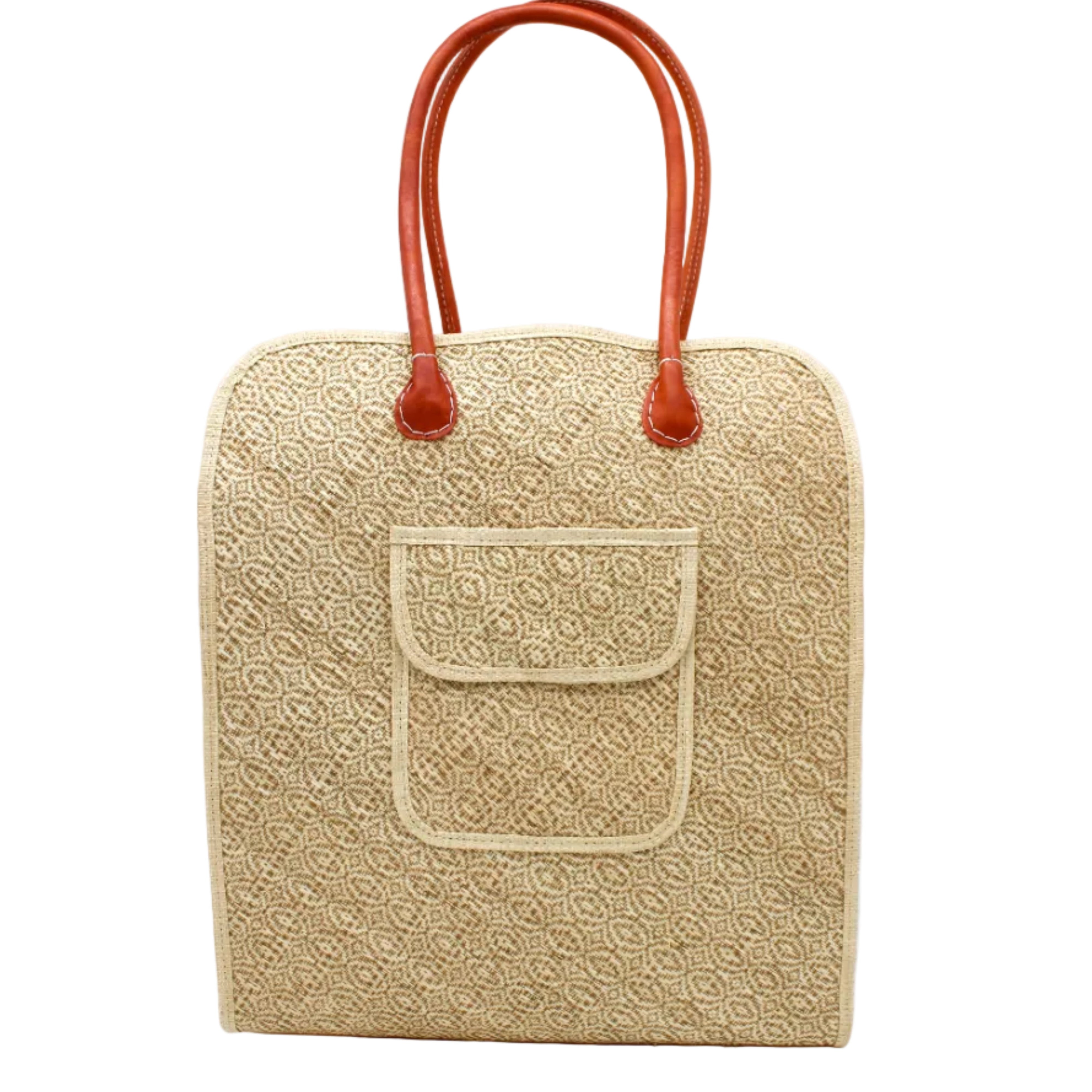 Josephine 50's Inspired Woven Straw Handbag handmade natural raffia palm fiber in natural straw color woven with contrasting Cinnamon tobacco/dark/brown thread stitching in a subtle diagonal stripe pattern consisting of bands of ovals and circles with loomed raffia edging around the bag as well as the pocket and flap of the exterior pocket - Shebobo