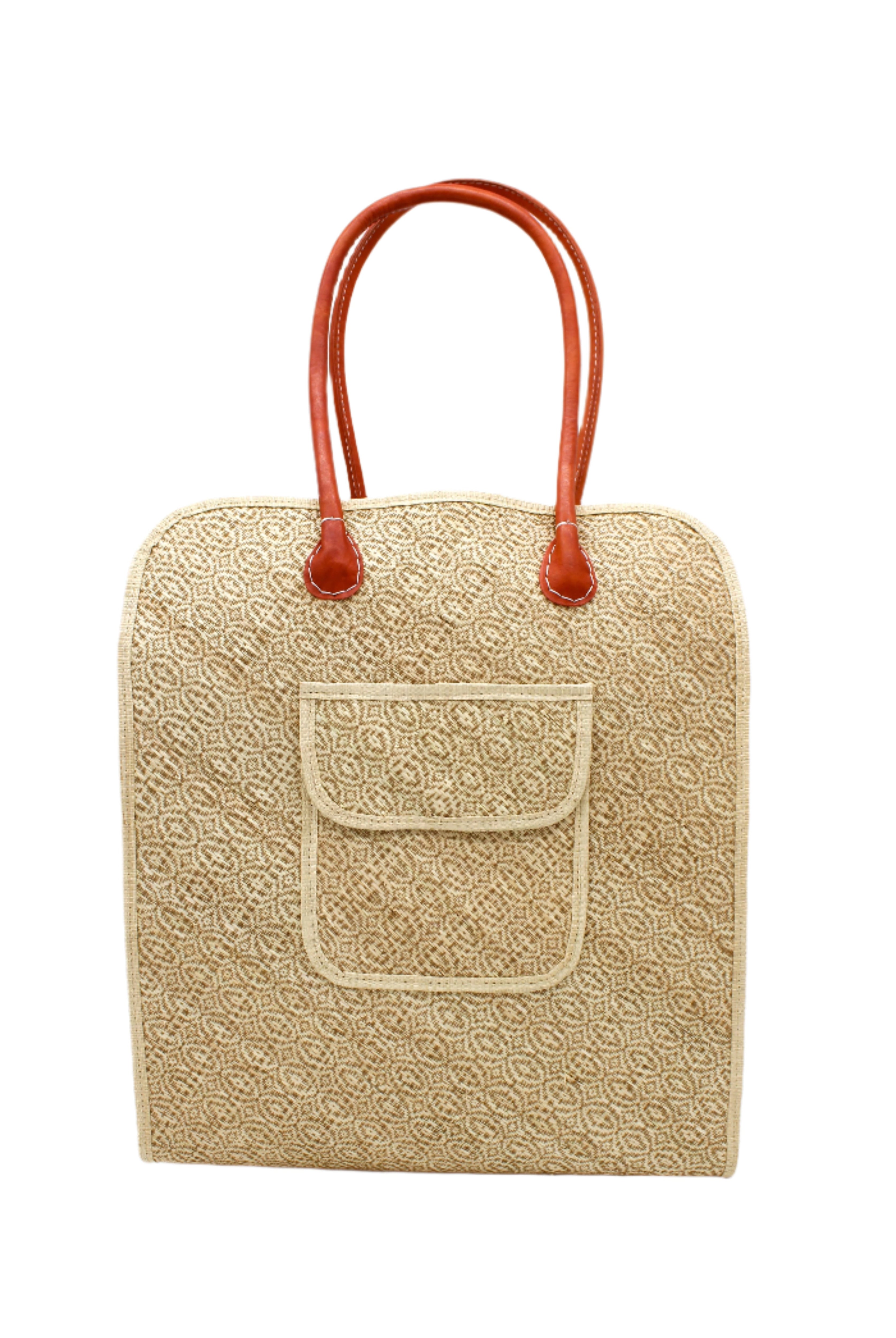 Josephine 50's Inspired Woven Straw Handbag handmade natural raffia palm fiber in natural straw color woven with contrasting Cinnamon tobacco/dark/brown thread stitching in a subtle diagonal stripe pattern consisting of bands of ovals and circles with loomed raffia edging around the bag as well as the pocket and flap of the exterior pocket - Shebobo