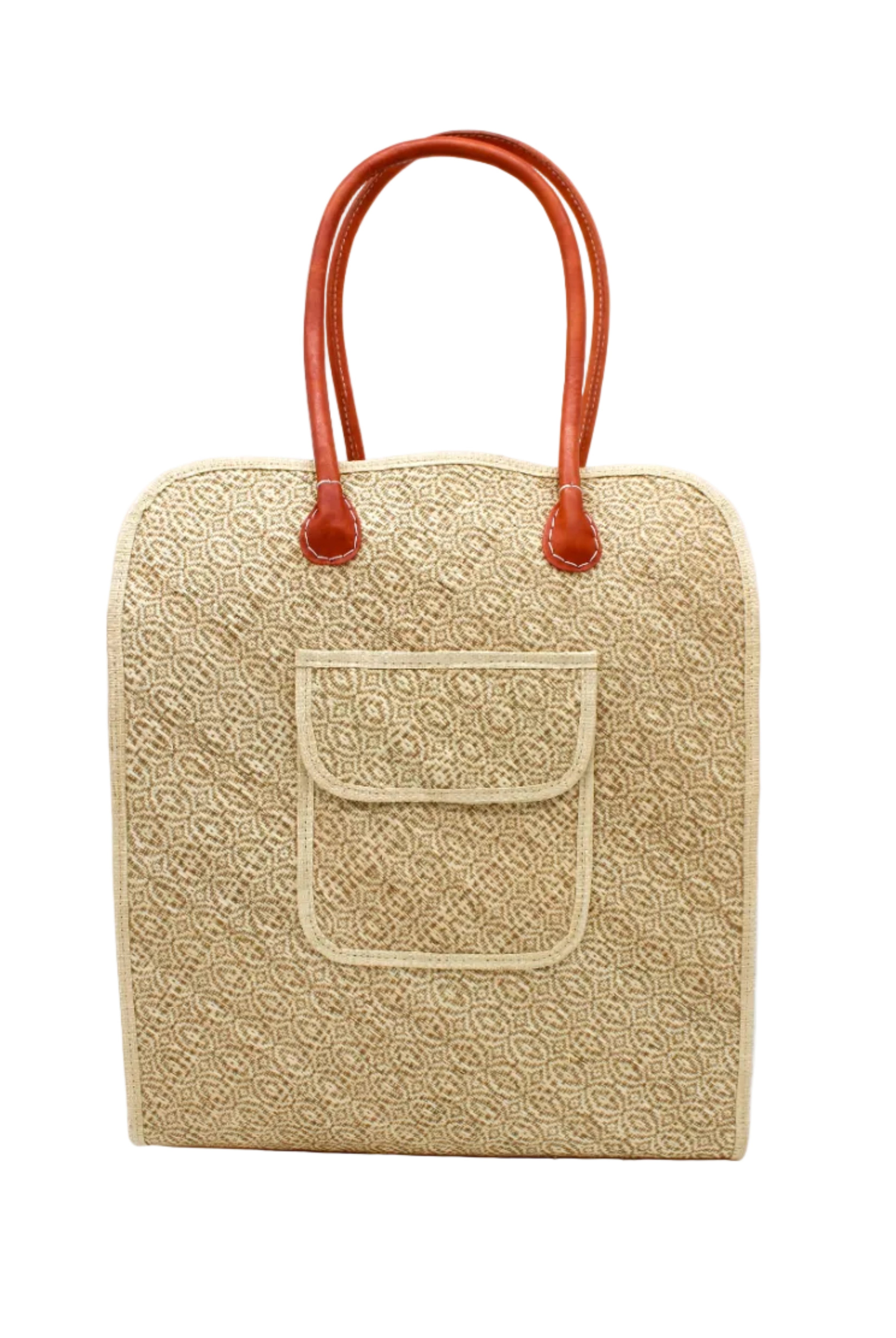 Josephine 50's Inspired Woven Straw Handbag handmade natural raffia palm fiber in natural straw color woven with contrasting Cinnamon tobacco/dark/brown thread stitching in a subtle diagonal stripe pattern consisting of bands of ovals and circles with loomed raffia edging around the bag as well as the pocket and flap of the exterior pocket - Shebobo