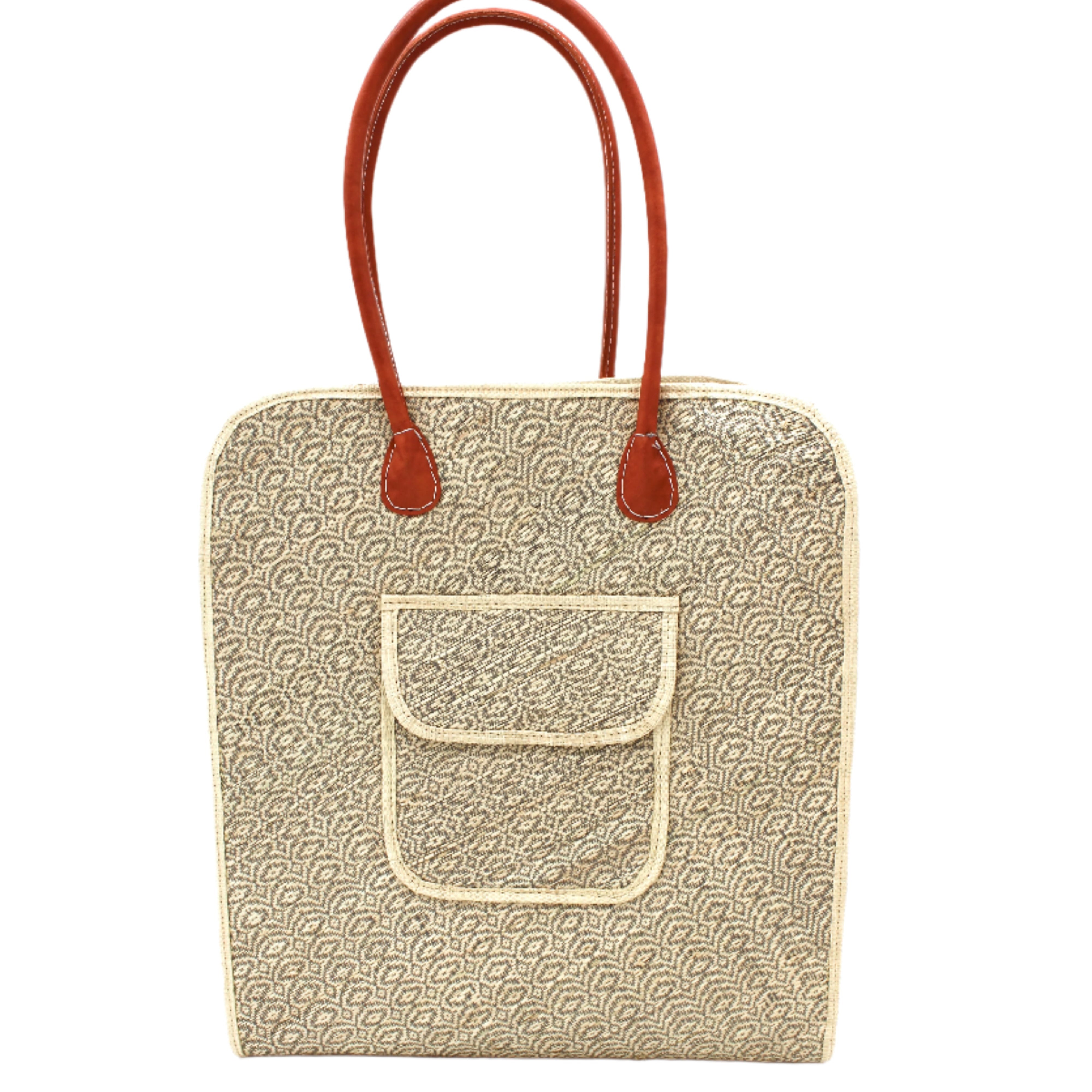 Josephine 50's Inspired Woven Straw Handbag handmade natural raffia palm fiber in natural straw color woven with contrasting Grey thread stitching in a subtle diagonal stripe pattern consisting of bands of ovals and circles with loomed raffia edging around the bag as well as the pocket and flap of the exterior pocket - Shebobo