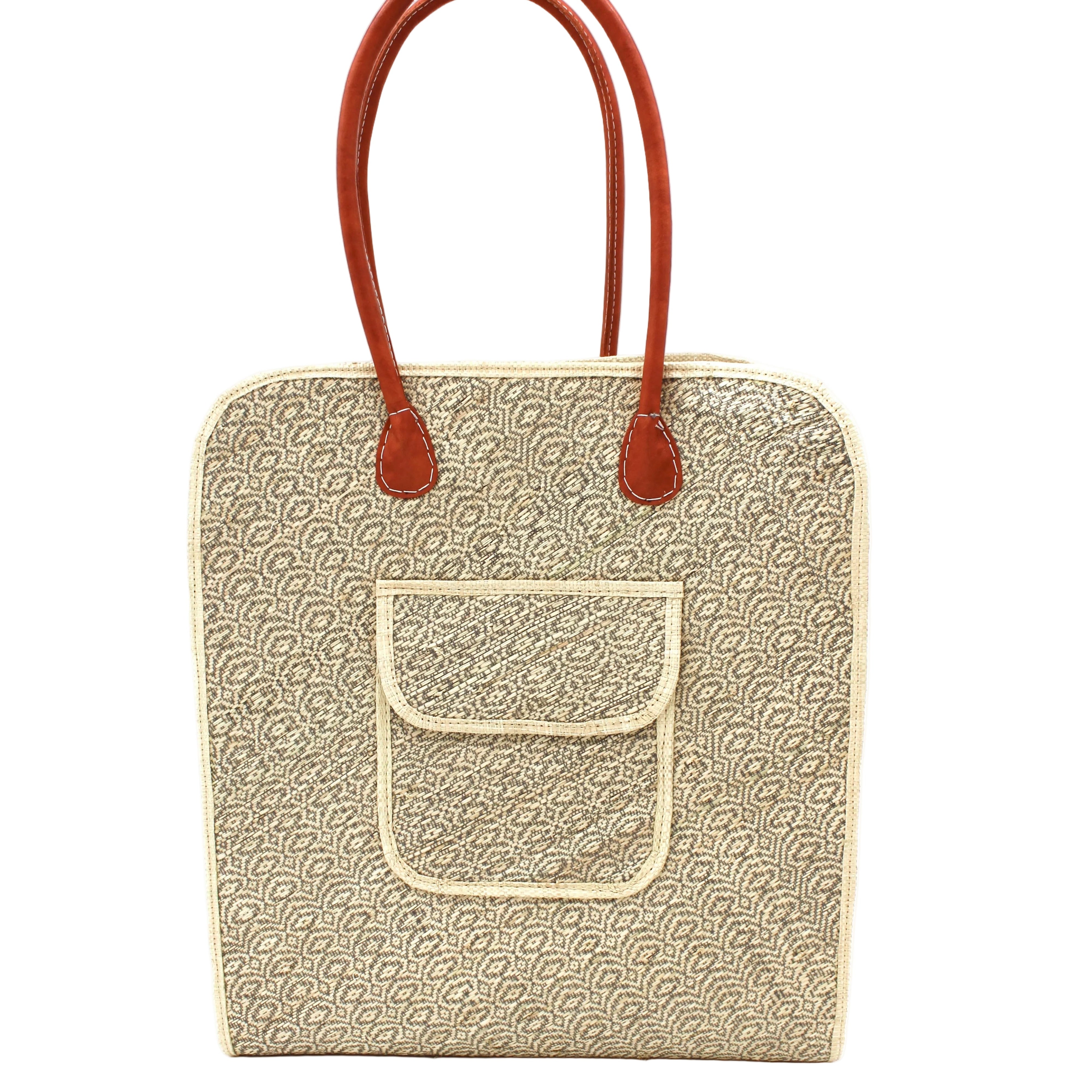 Josephine 50's Inspired Woven Straw Handbag handmade natural raffia palm fiber in natural straw color woven with contrasting Grey thread stitching in a subtle diagonal stripe pattern consisting of bands of ovals and circles with loomed raffia edging around the bag as well as the pocket and flap of the exterior pocket - Shebobo