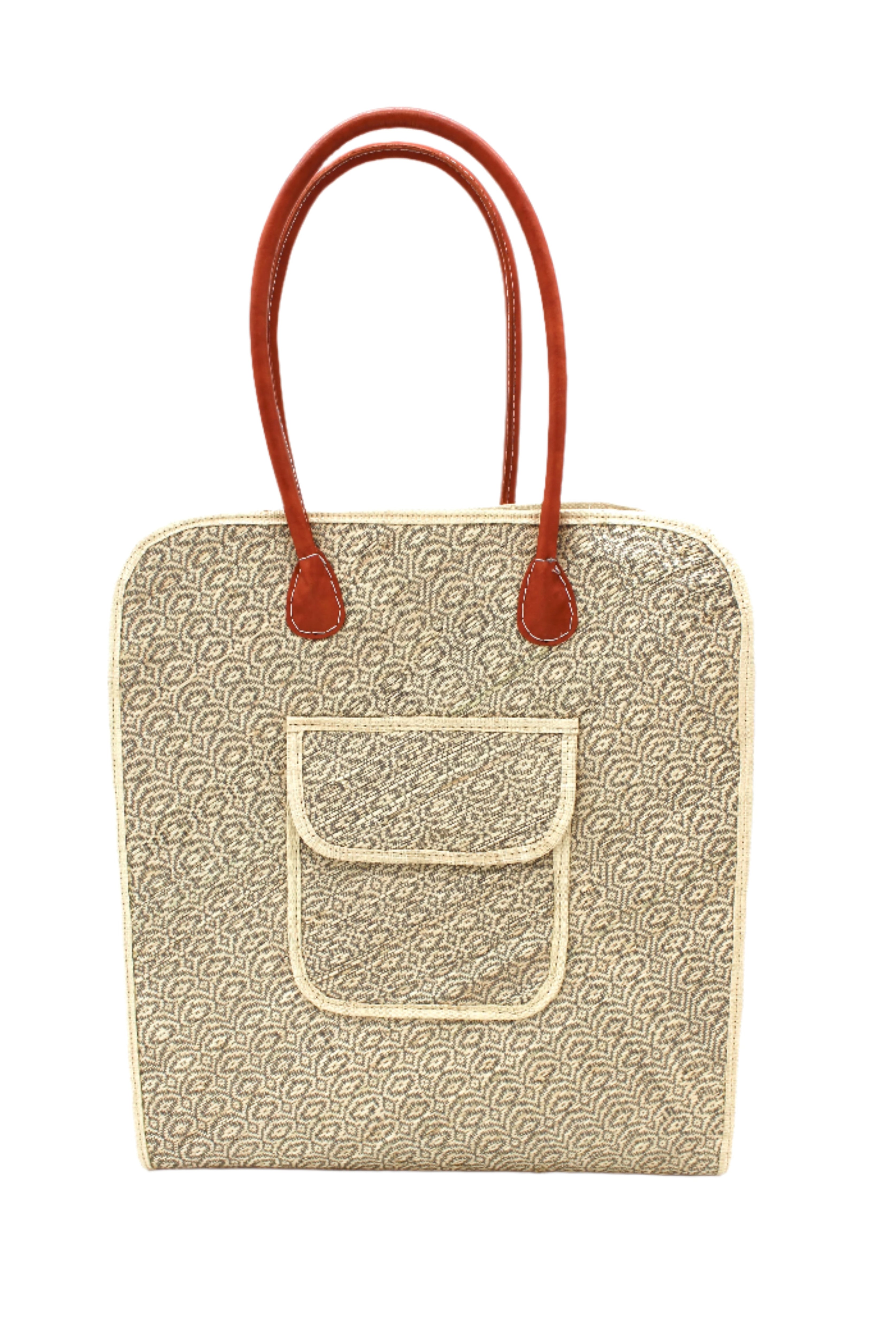 Josephine 50's Inspired Woven Straw Handbag handmade natural raffia palm fiber in natural straw color woven with contrasting Grey thread stitching in a subtle diagonal stripe pattern consisting of bands of ovals and circles with loomed raffia edging around the bag as well as the pocket and flap of the exterior pocket - Shebobo
