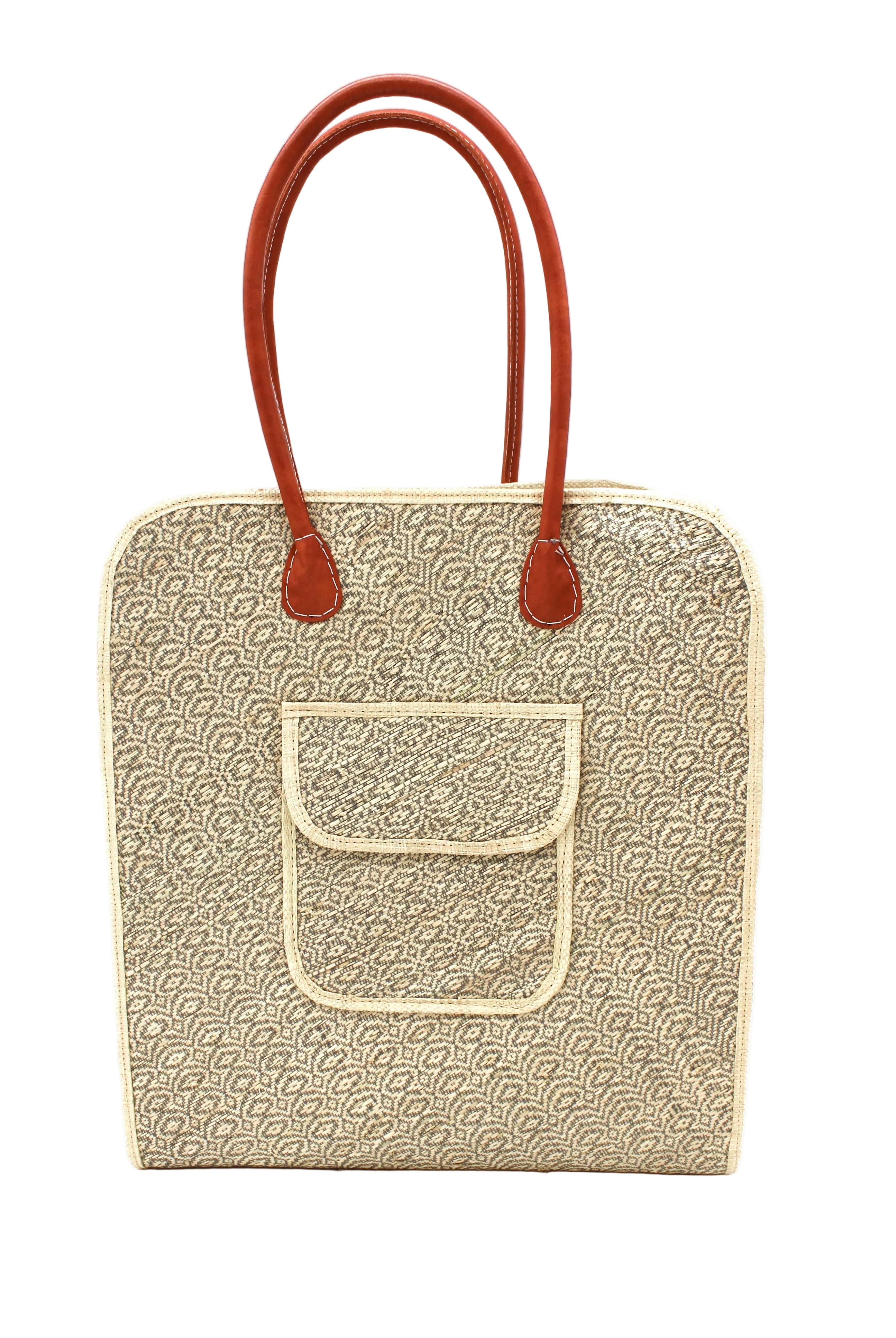 Josephine 50's Inspired Woven Straw Handbag handmade natural raffia palm fiber in natural straw color woven with contrasting Grey thread stitching in a subtle diagonal stripe pattern consisting of bands of ovals and circles with loomed raffia edging around the bag as well as the pocket and flap of the exterior pocket - Shebobo