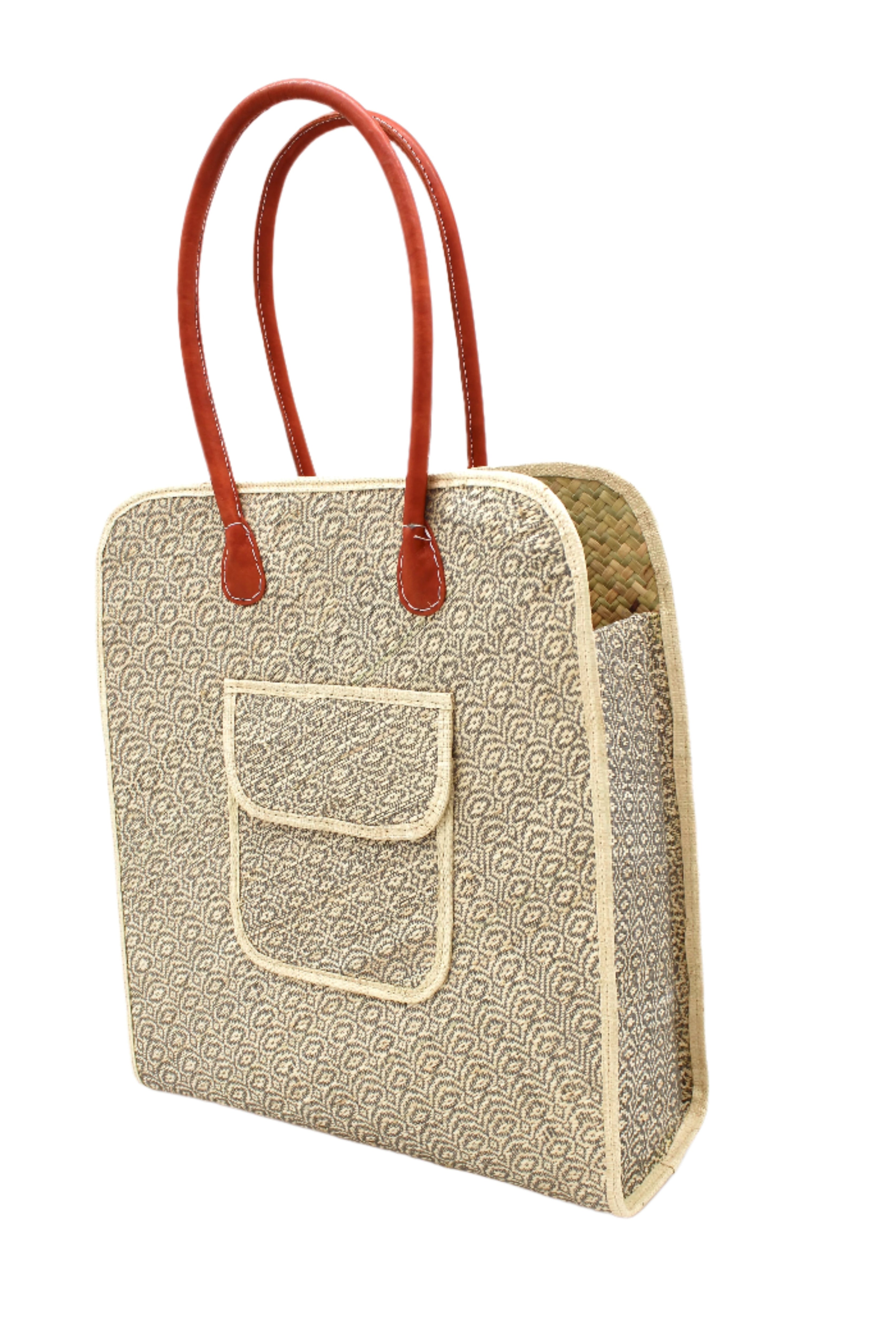 Side view Josephine 50's Inspired Woven Straw Handbag handmade natural raffia palm fiber in natural straw color woven with contrasting Grey thread stitching in a subtle diagonal stripe pattern consisting of bands of ovals and circles with loomed raffia edging around the bag as well as the pocket and flap of the exterior pocket - Shebobo
