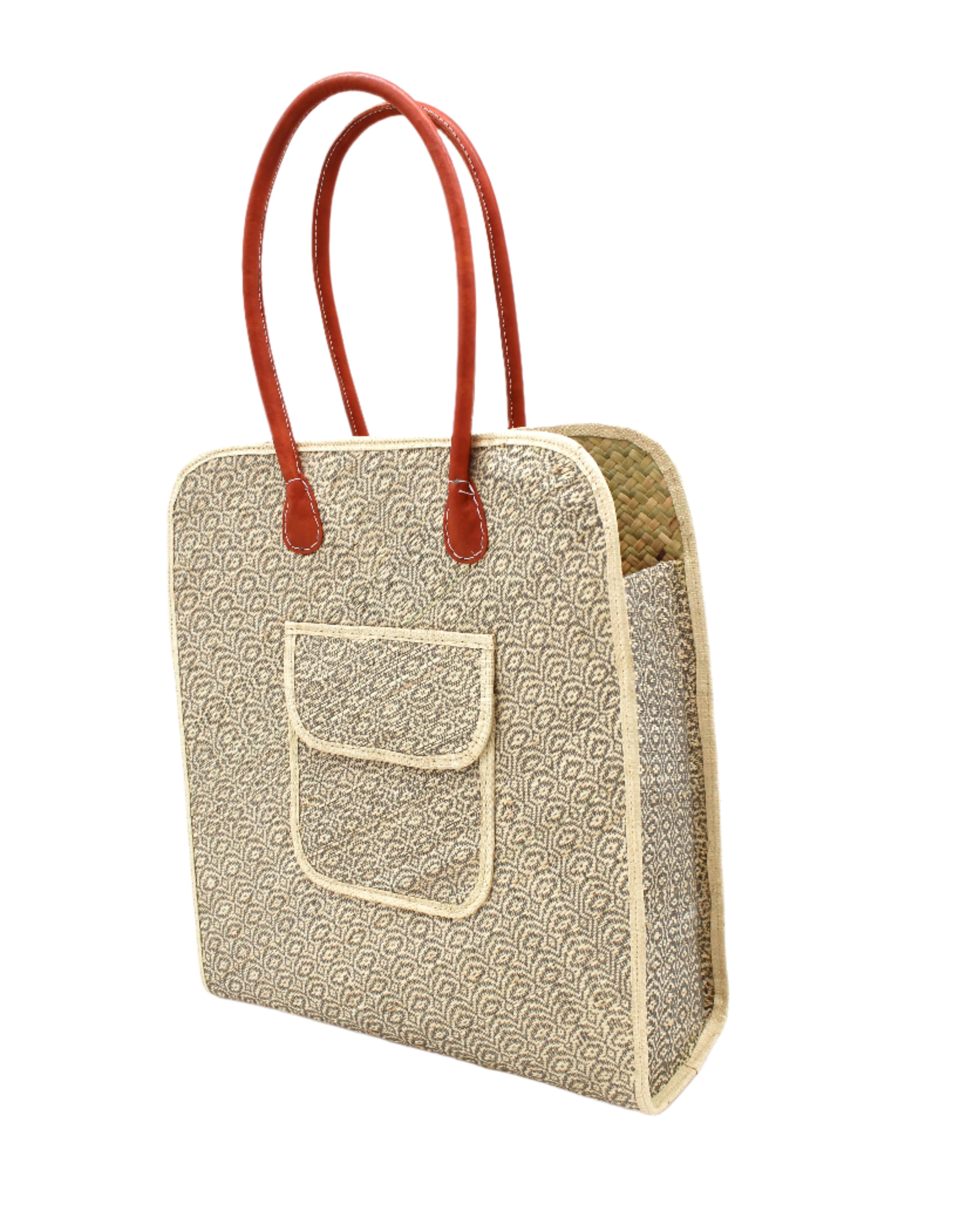 Side view Josephine 50's Inspired Woven Straw Handbag handmade natural raffia palm fiber in natural straw color woven with contrasting Grey thread stitching in a subtle diagonal stripe pattern consisting of bands of ovals and circles with loomed raffia edging around the bag as well as the pocket and flap of the exterior pocket - Shebobo