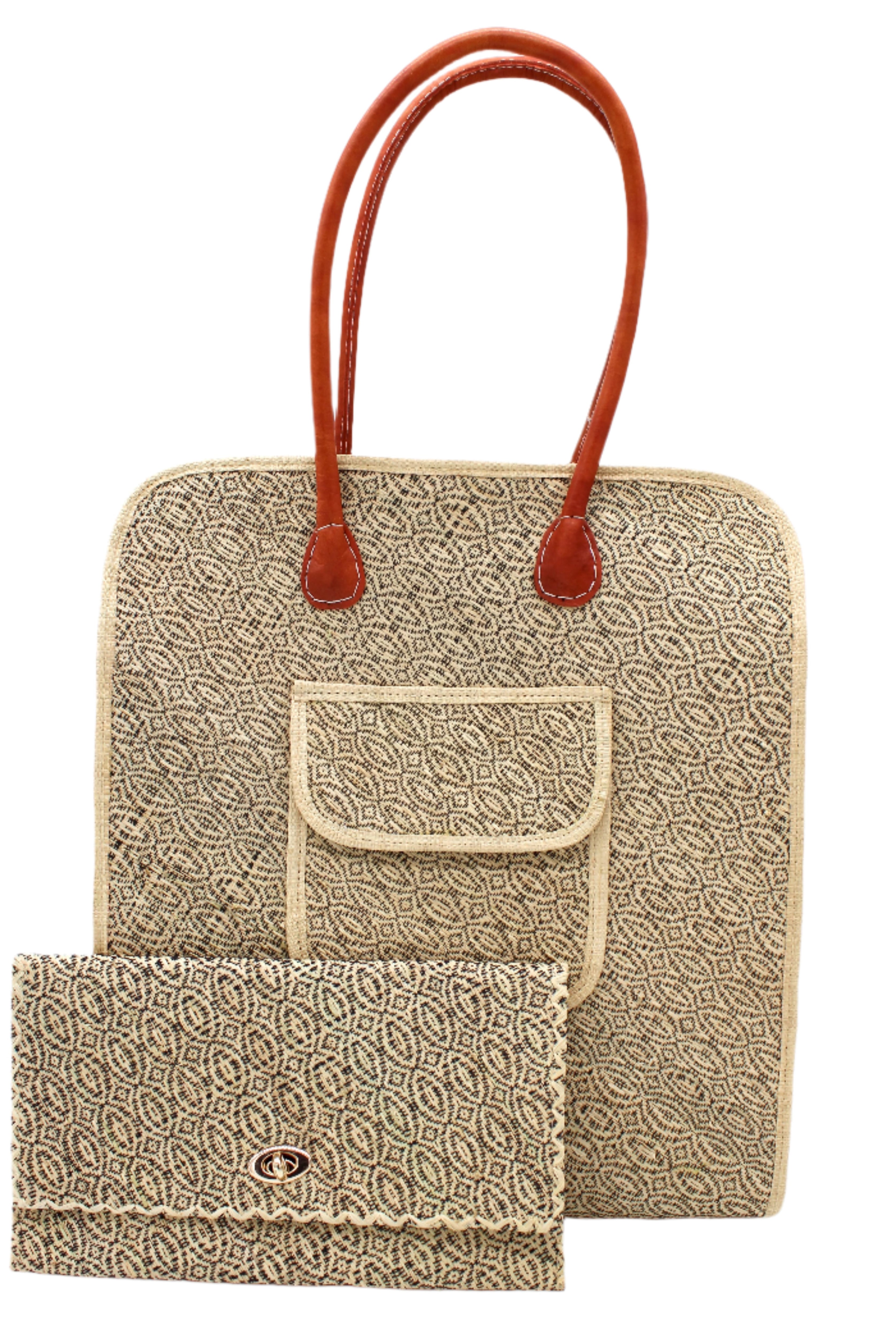 Set view Josephine 50's Inspired Woven Straw Handbag handmade natural raffia palm fiber in natural straw color woven with contrasting Black thread stitching in a subtle diagonal stripe pattern consisting of bands of ovals and circles with loomed raffia edging around the bag as well as the pocket and flap of the exterior pocket - Shebobo (with Josephine Clutch Purse)