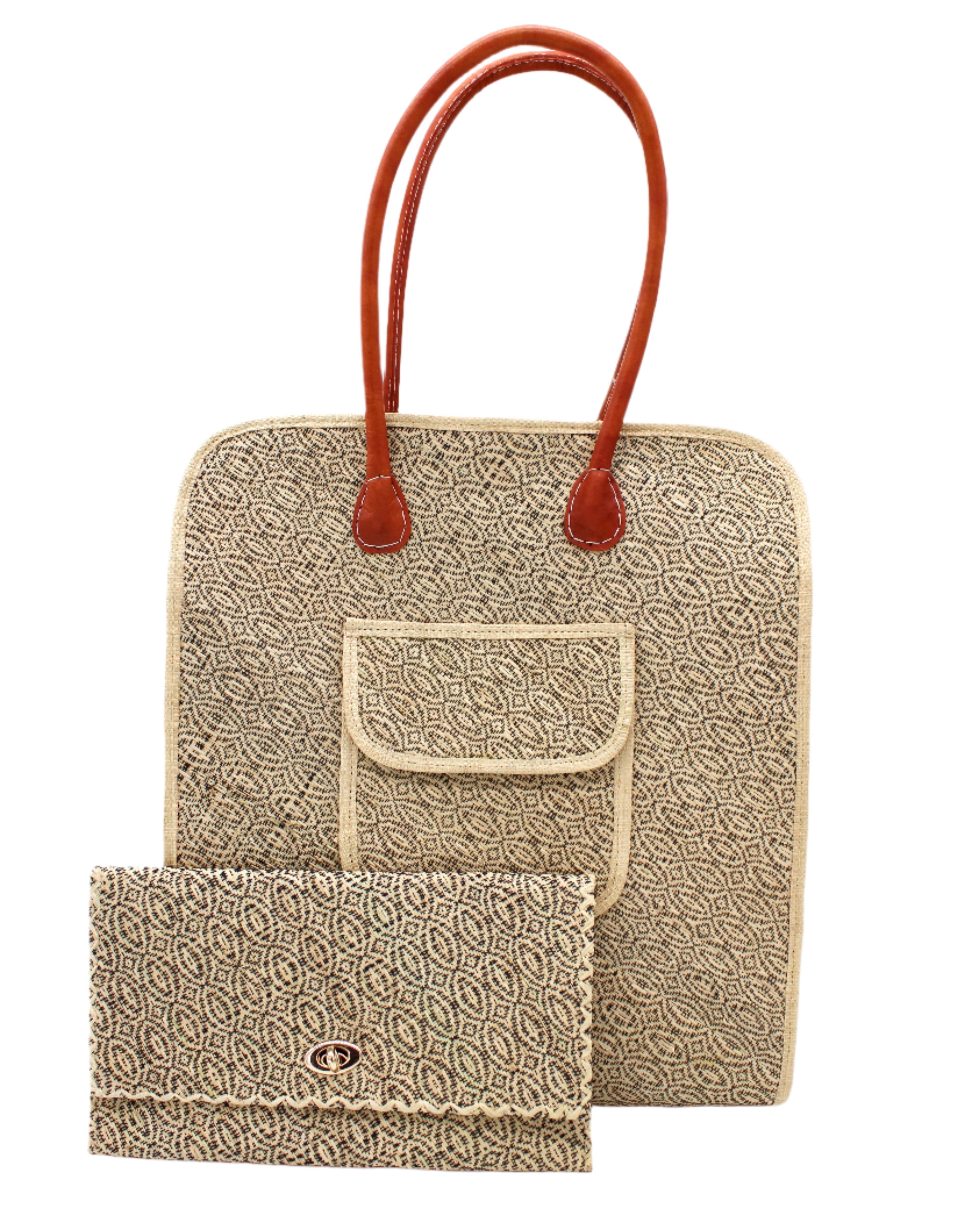 Set view Josephine 50's Inspired Woven Straw Handbag handmade natural raffia palm fiber in natural straw color woven with contrasting Black thread stitching in a subtle diagonal stripe pattern consisting of bands of ovals and circles with loomed raffia edging around the bag as well as the pocket and flap of the exterior pocket - Shebobo (with Josephine Clutch Purse)