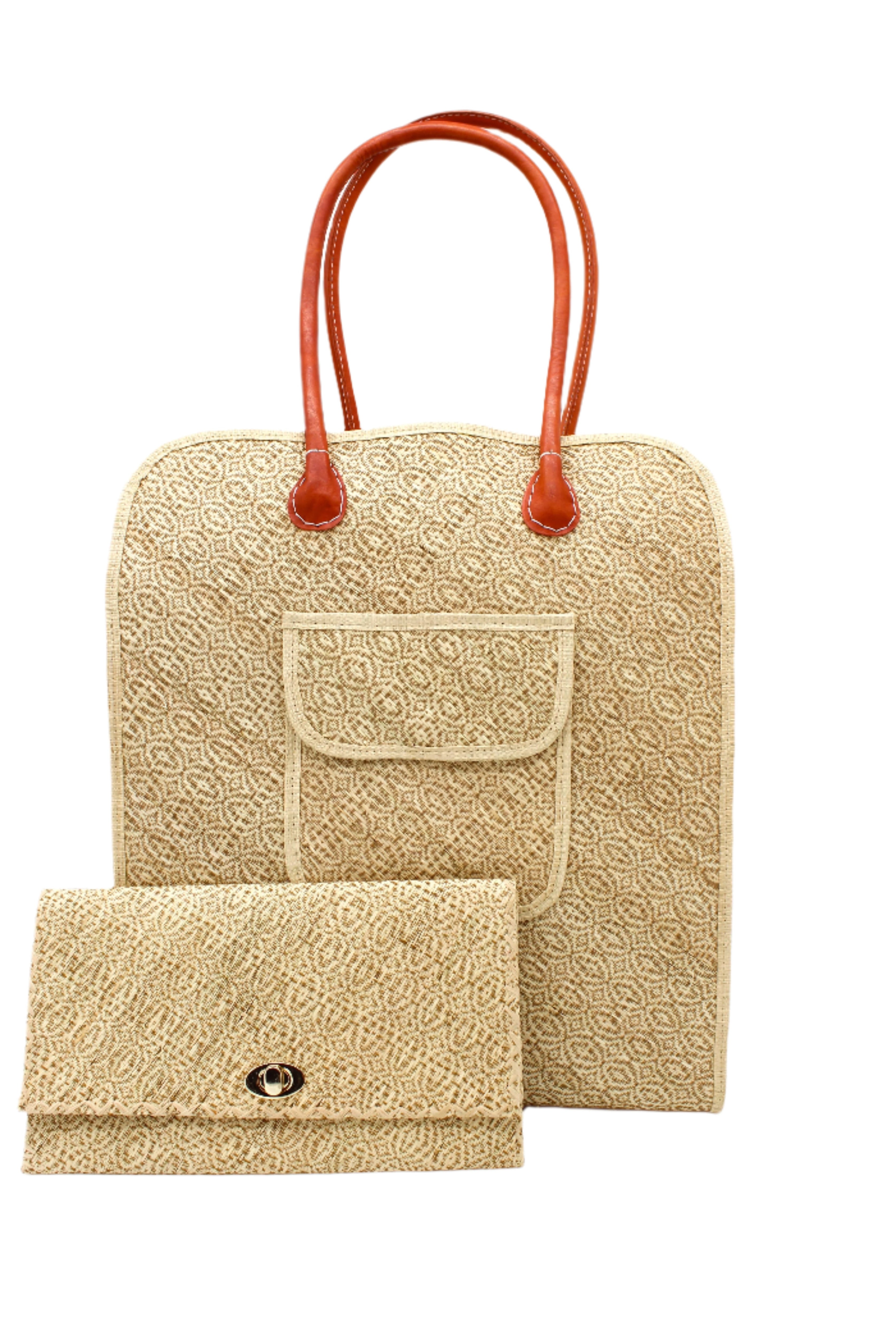 Set view Josephine 50's Inspired Woven Straw Handbag handmade natural raffia palm fiber in natural straw color woven with contrasting Cinnamon tobacco/dark/brown thread stitching in a subtle diagonal stripe pattern consisting of bands of ovals and circles with loomed raffia edging around the bag as well as the pocket and flap of the exterior pocket - Shebobo (with Josephine Clutch Purse)