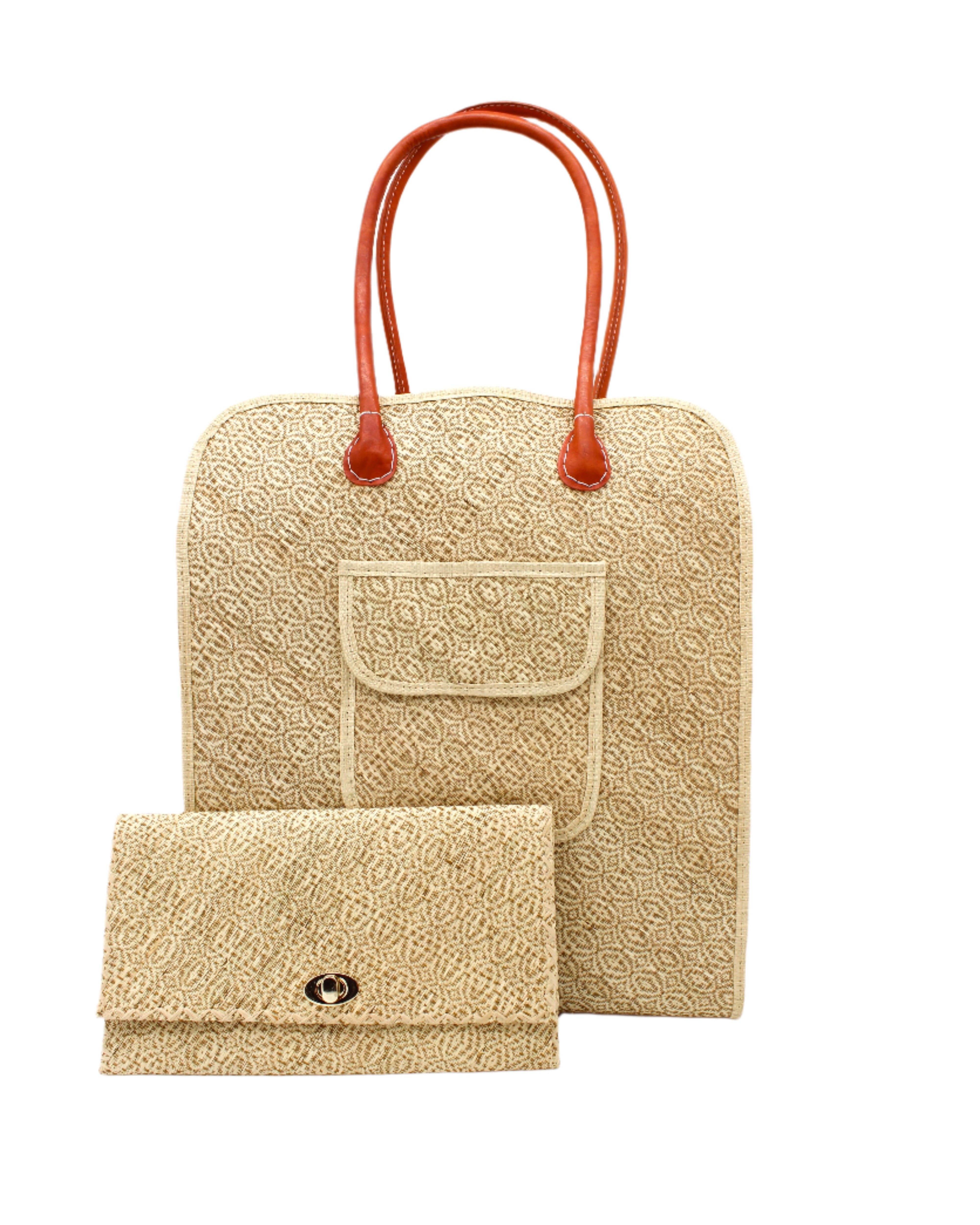 Set view Josephine 50's Inspired Woven Straw Handbag handmade natural raffia palm fiber in natural straw color woven with contrasting Cinnamon tobacco/dark/brown thread stitching in a subtle diagonal stripe pattern consisting of bands of ovals and circles with loomed raffia edging around the bag as well as the pocket and flap of the exterior pocket - Shebobo (with Josephine Clutch Purse)