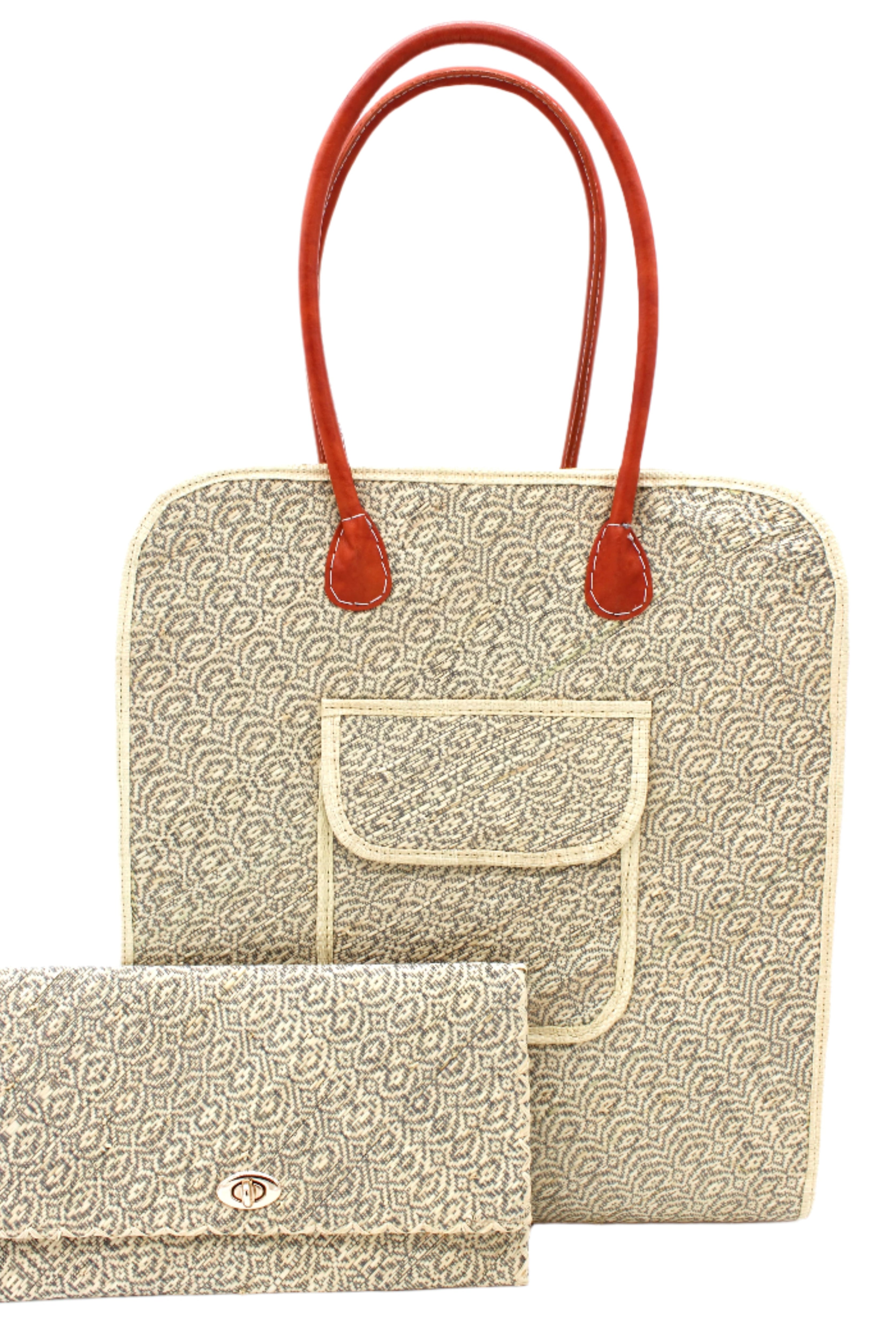 Set view Josephine 50's Inspired Woven Straw Handbag handmade natural raffia palm fiber in natural straw color woven with contrasting Grey thread stitching in a subtle diagonal stripe pattern consisting of bands of ovals and circles with loomed raffia edging around the bag as well as the pocket and flap of the exterior pocket - Shebobo (with Josephine Clutch Purse)