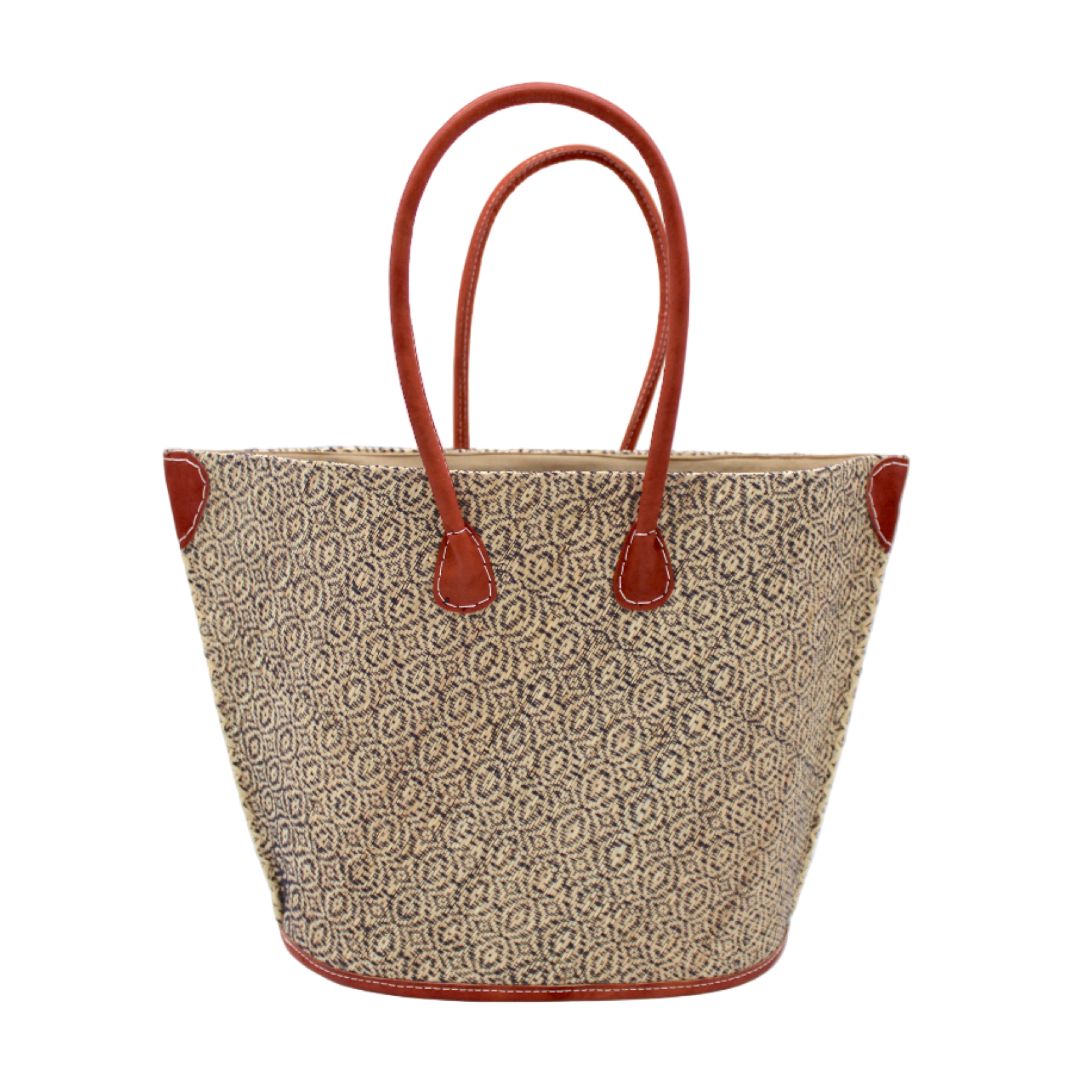 Josephine Woven Small Straw Tote Bag handmade natural raffia palm fiber in natural straw color woven with contrasting Black thread stitching in a subtle diagonal stripe pattern consisting of bands of ovals and circles with natural cross-stitch edge and leather handles beach bag shoulder bag - Shebobo