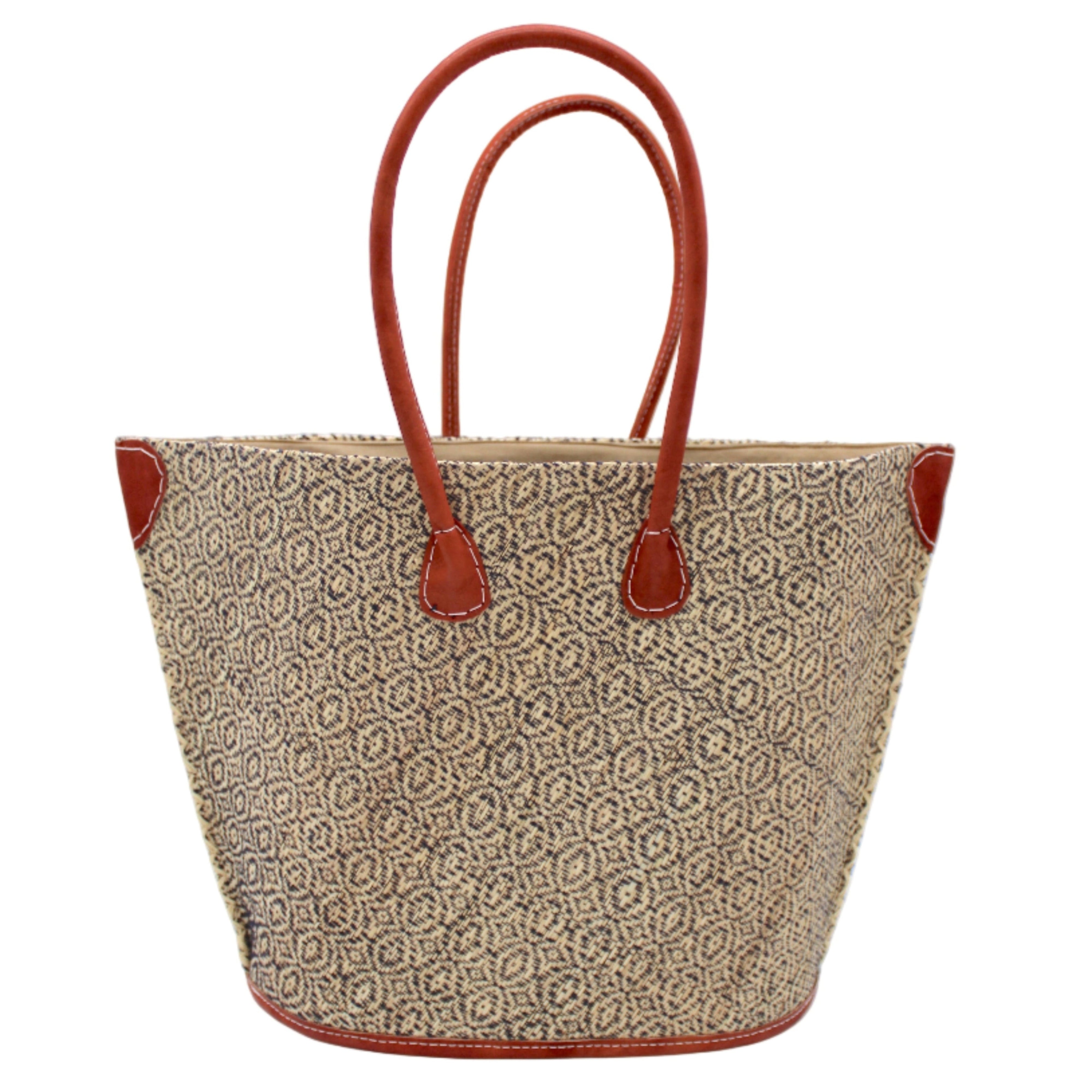 Josephine Woven Small Straw Tote Bag handmade natural raffia palm fiber in natural straw color woven with contrasting Black thread stitching in a subtle diagonal stripe pattern consisting of bands of ovals and circles with natural cross-stitch edge and leather handles beach bag shoulder bag - Shebobo