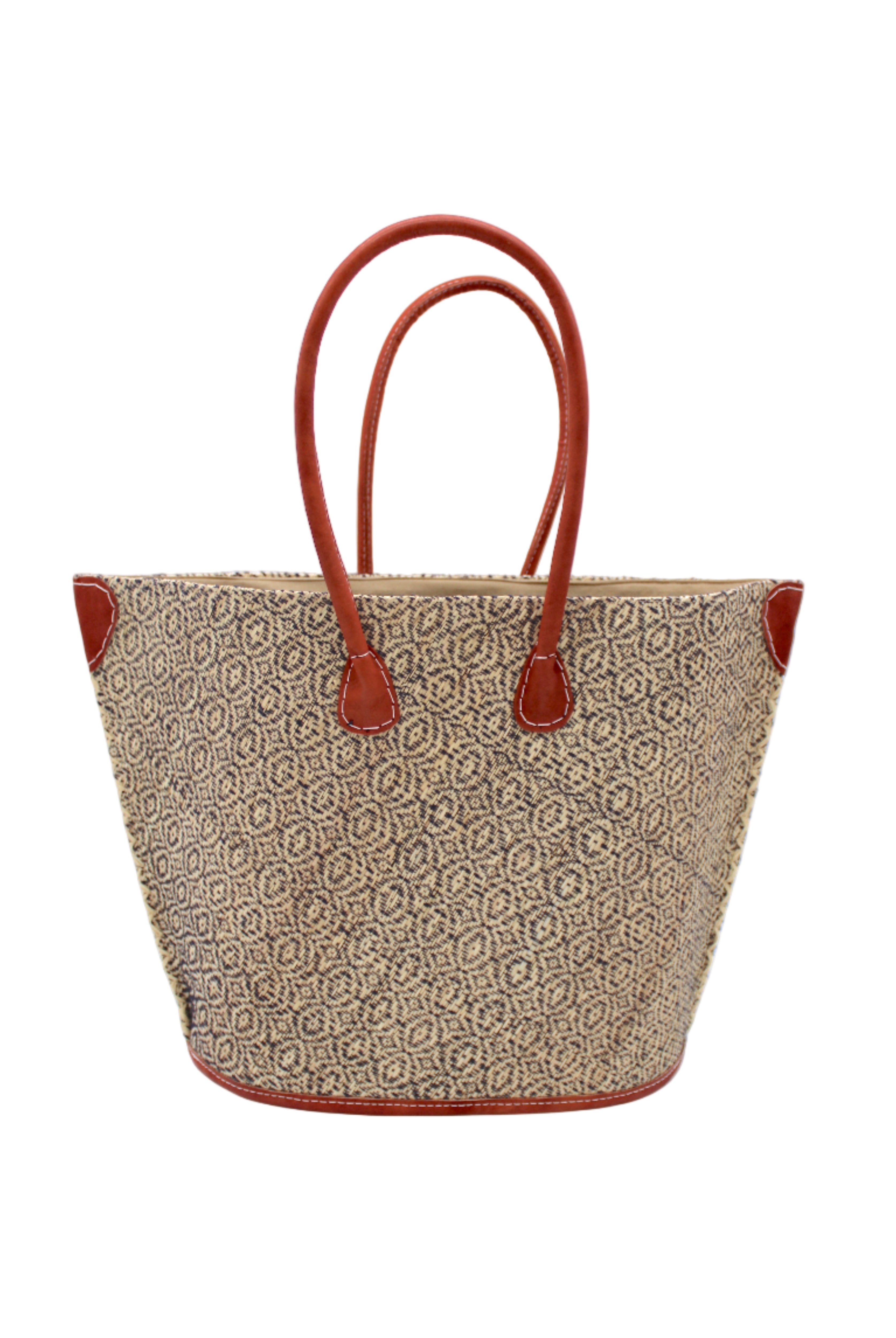 Josephine Woven Small Straw Tote Bag handmade natural raffia palm fiber in natural straw color woven with contrasting Black thread stitching in a subtle diagonal stripe pattern consisting of bands of ovals and circles with natural cross-stitch edge and leather handles beach bag shoulder bag - Shebobo