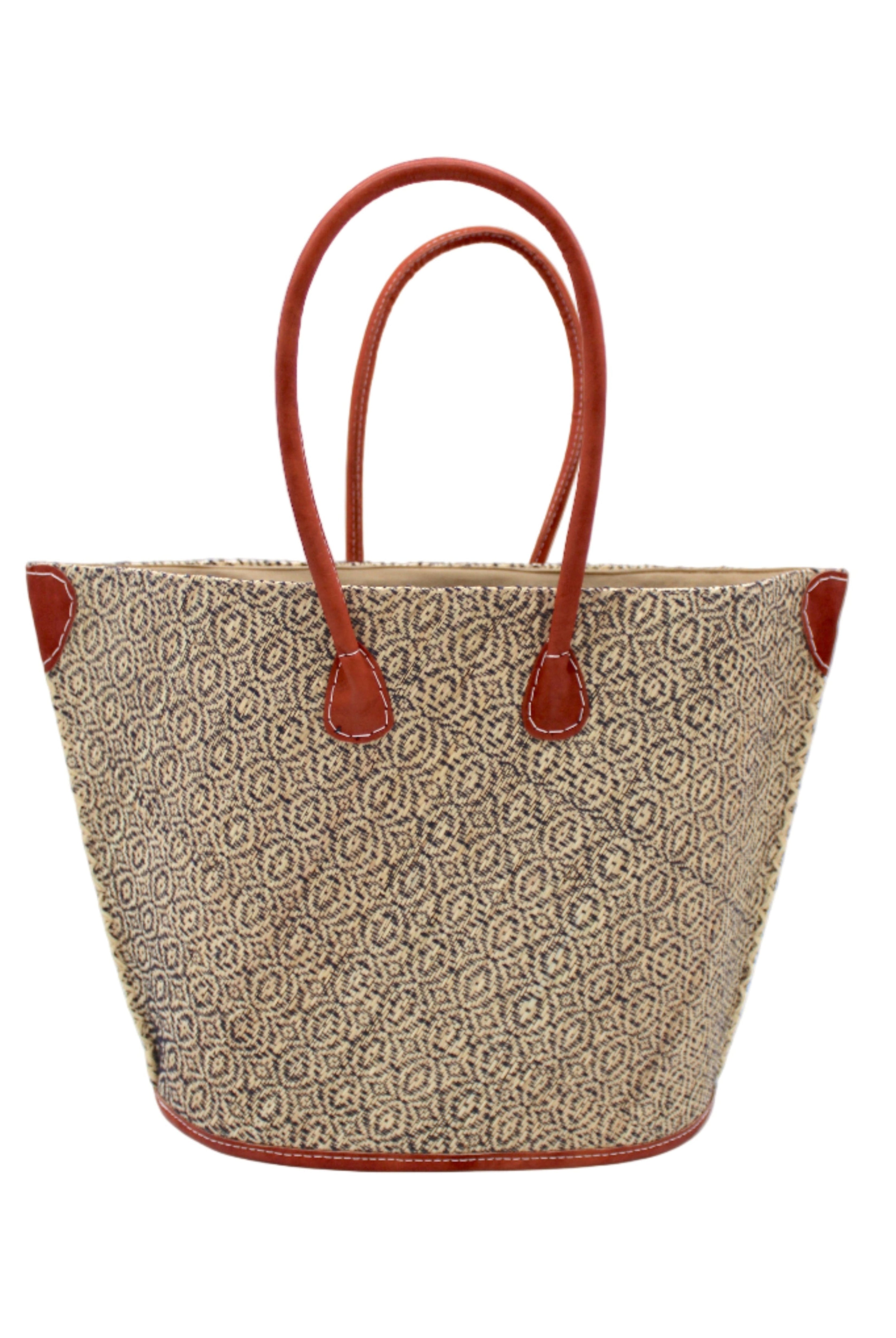 Josephine Woven Small Straw Tote Bag handmade natural raffia palm fiber in natural straw color woven with contrasting Black thread stitching in a subtle diagonal stripe pattern consisting of bands of ovals and circles with natural cross-stitch edge and leather handles beach bag shoulder bag - Shebobo