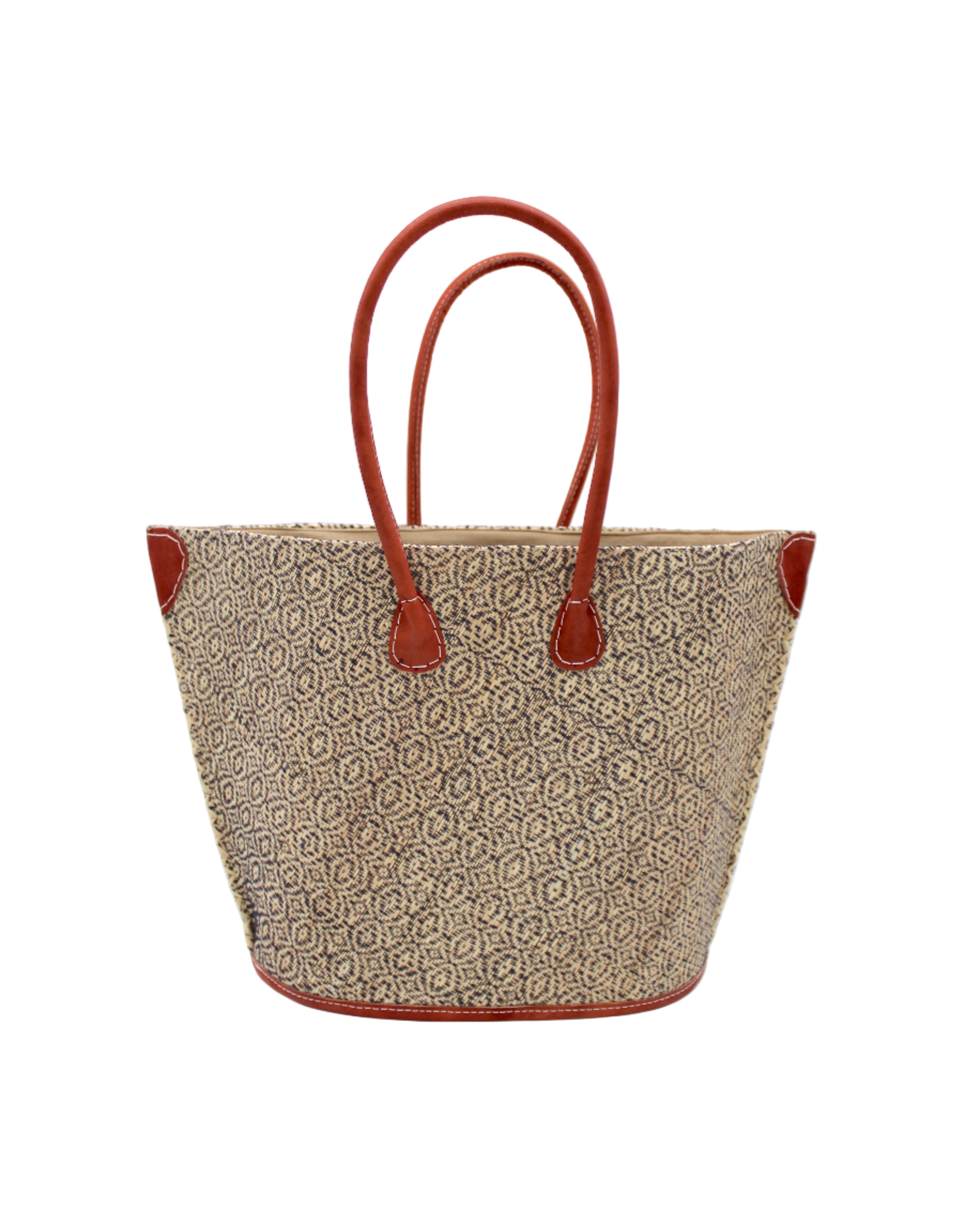 Josephine Woven Small Straw Tote Bag handmade natural raffia palm fiber in natural straw color woven with contrasting Black thread stitching in a subtle diagonal stripe pattern consisting of bands of ovals and circles with natural cross-stitch edge and leather handles beach bag shoulder bag - Shebobo