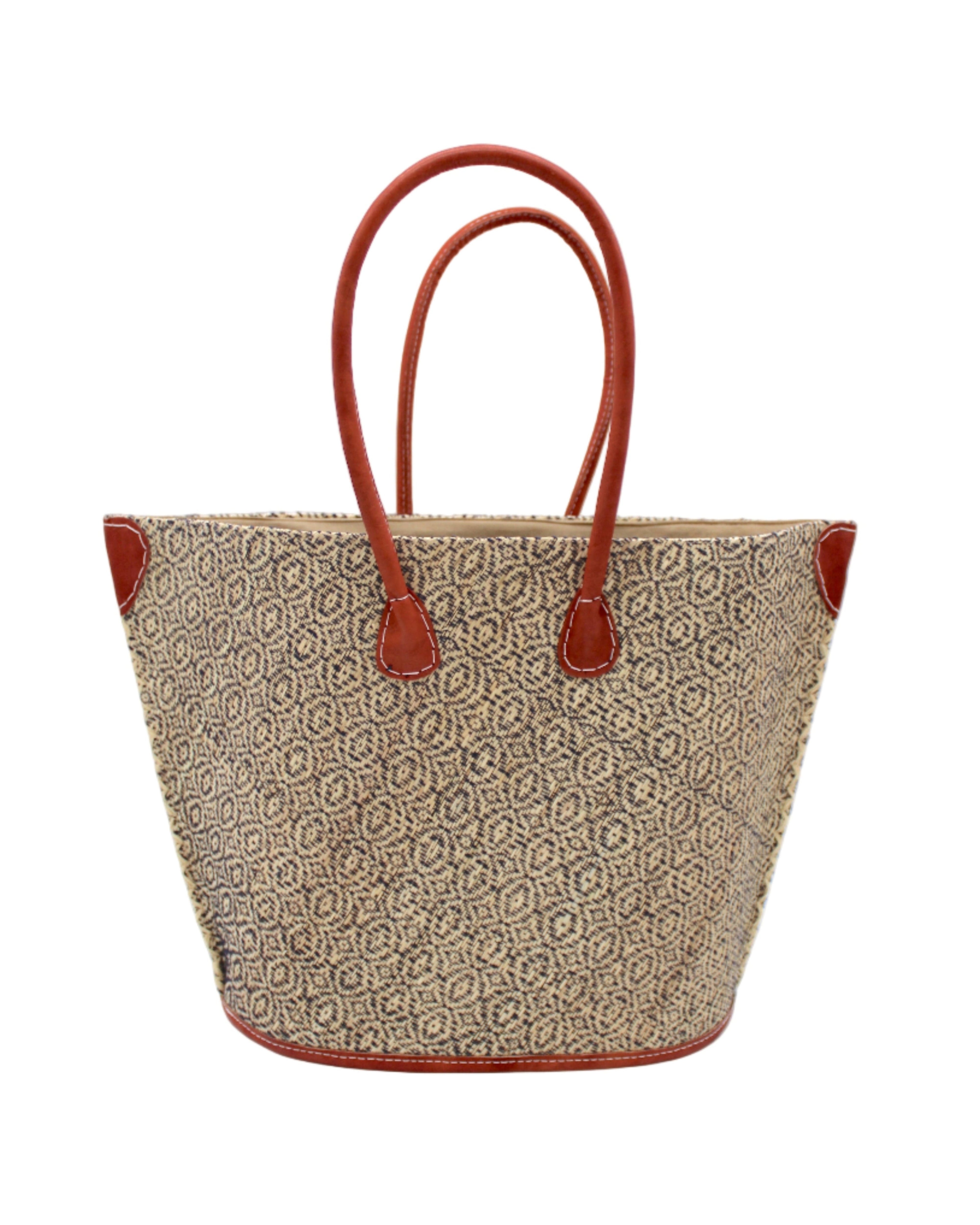 Josephine Woven Small Straw Tote Bag handmade natural raffia palm fiber in natural straw color woven with contrasting Black thread stitching in a subtle diagonal stripe pattern consisting of bands of ovals and circles with natural cross-stitch edge and leather handles beach bag shoulder bag - Shebobo