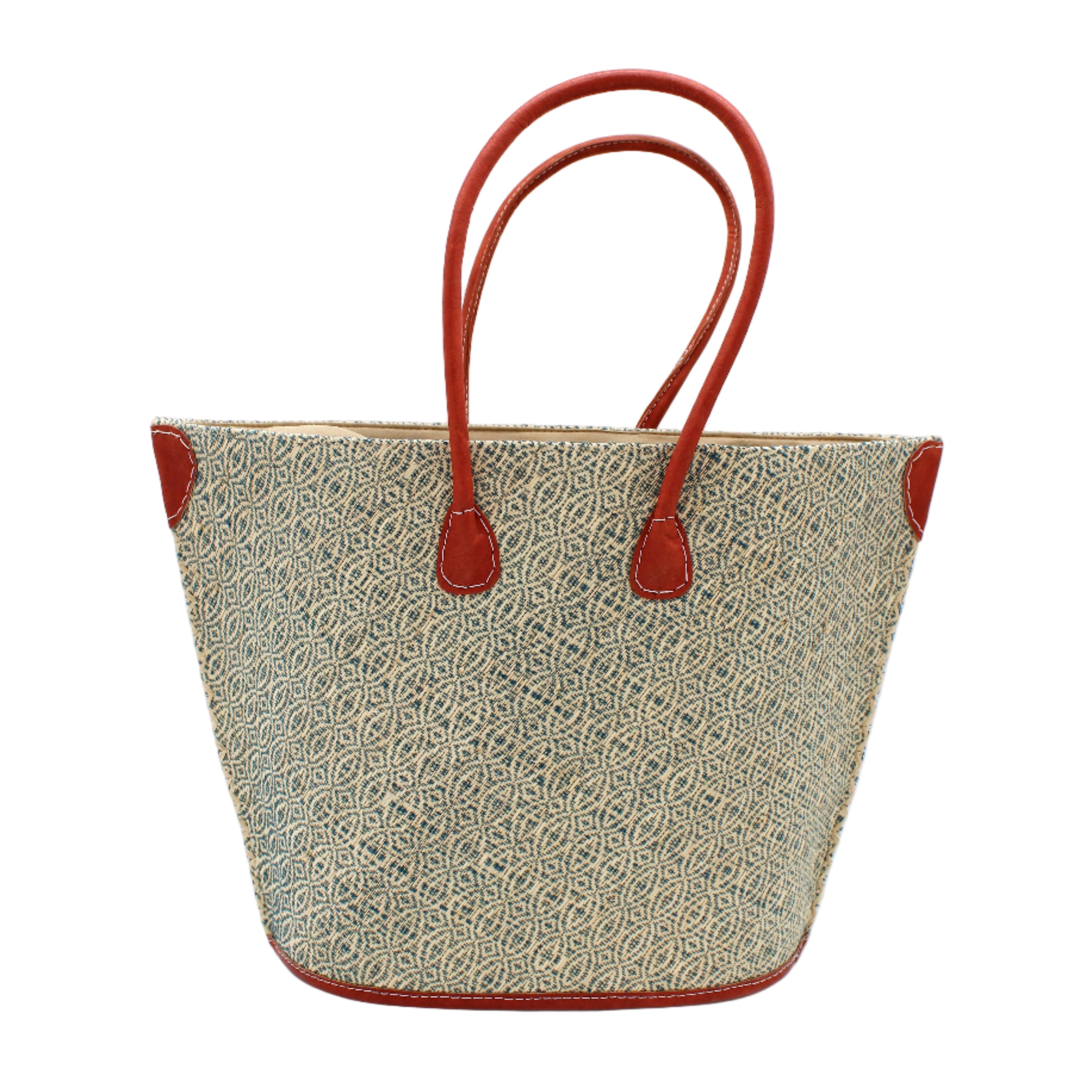 Josephine Woven Small Straw Tote Bag handmade natural raffia palm fiber in natural straw color woven with contrasting Turquoise blue/green thread stitching in a subtle diagonal stripe pattern consisting of bands of ovals and circles with natural cross-stitch edge and leather handles beach bag shoulder bag - Shebobo