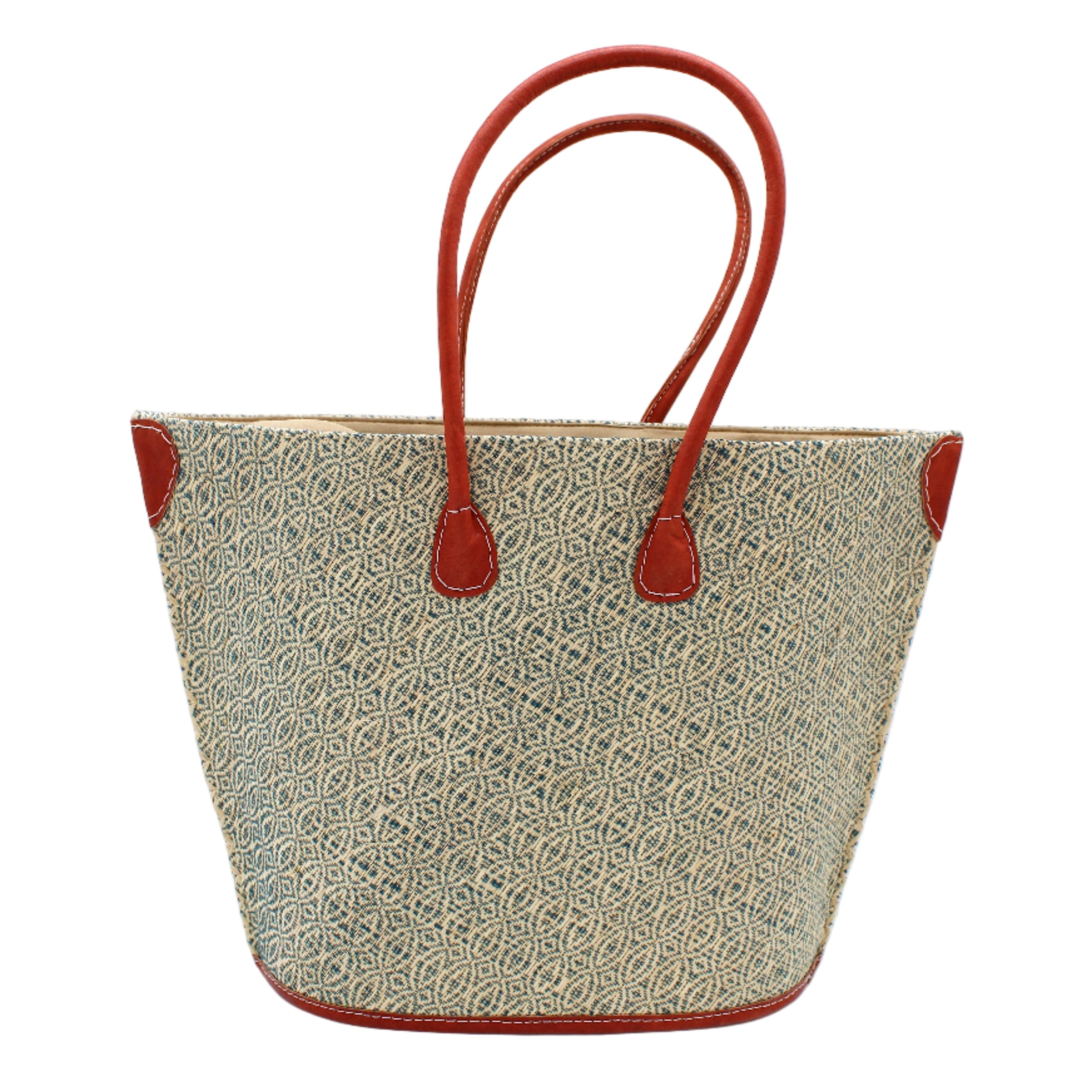 Josephine Woven Small Straw Tote Bag handmade natural raffia palm fiber in natural straw color woven with contrasting Turquoise blue/green thread stitching in a subtle diagonal stripe pattern consisting of bands of ovals and circles with natural cross-stitch edge and leather handles beach bag shoulder bag - Shebobo
