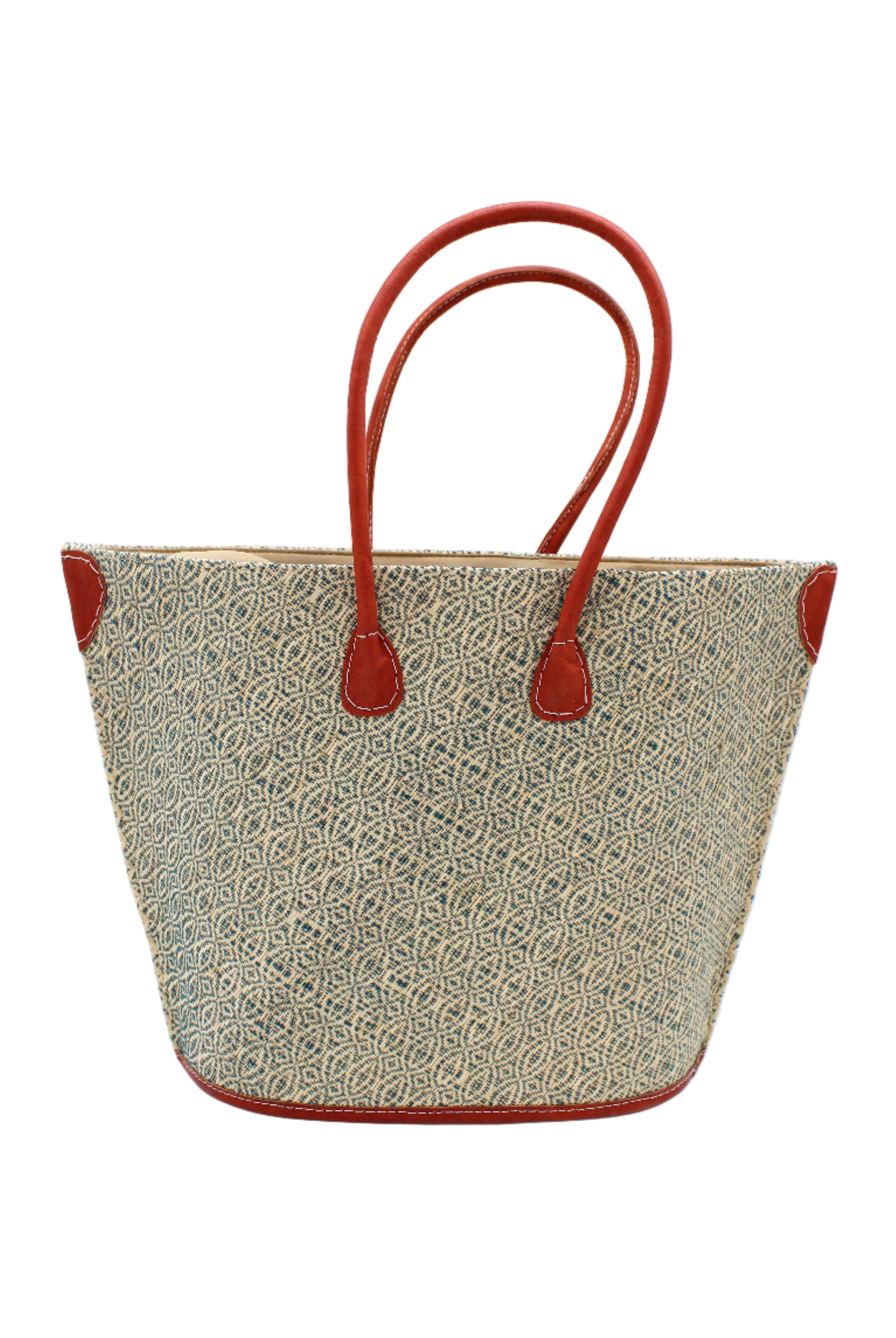 Josephine Woven Small Straw Tote Bag handmade natural raffia palm fiber in natural straw color woven with contrasting Turquoise blue/green thread stitching in a subtle diagonal stripe pattern consisting of bands of ovals and circles with natural cross-stitch edge and leather handles beach bag shoulder bag - Shebobo