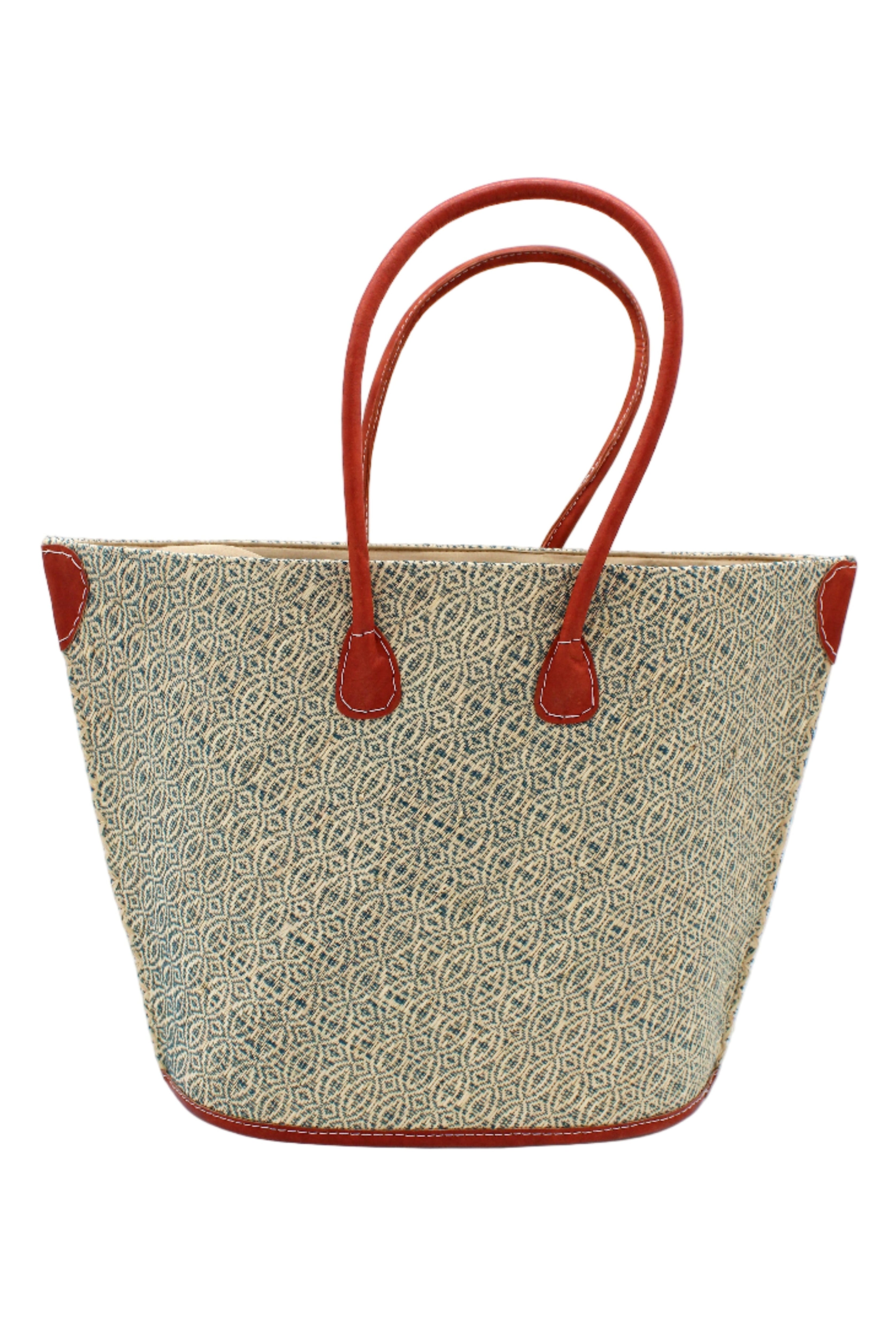 Josephine Woven Small Straw Tote Bag handmade natural raffia palm fiber in natural straw color woven with contrasting Turquoise blue/green thread stitching in a subtle diagonal stripe pattern consisting of bands of ovals and circles with natural cross-stitch edge and leather handles beach bag shoulder bag - Shebobo