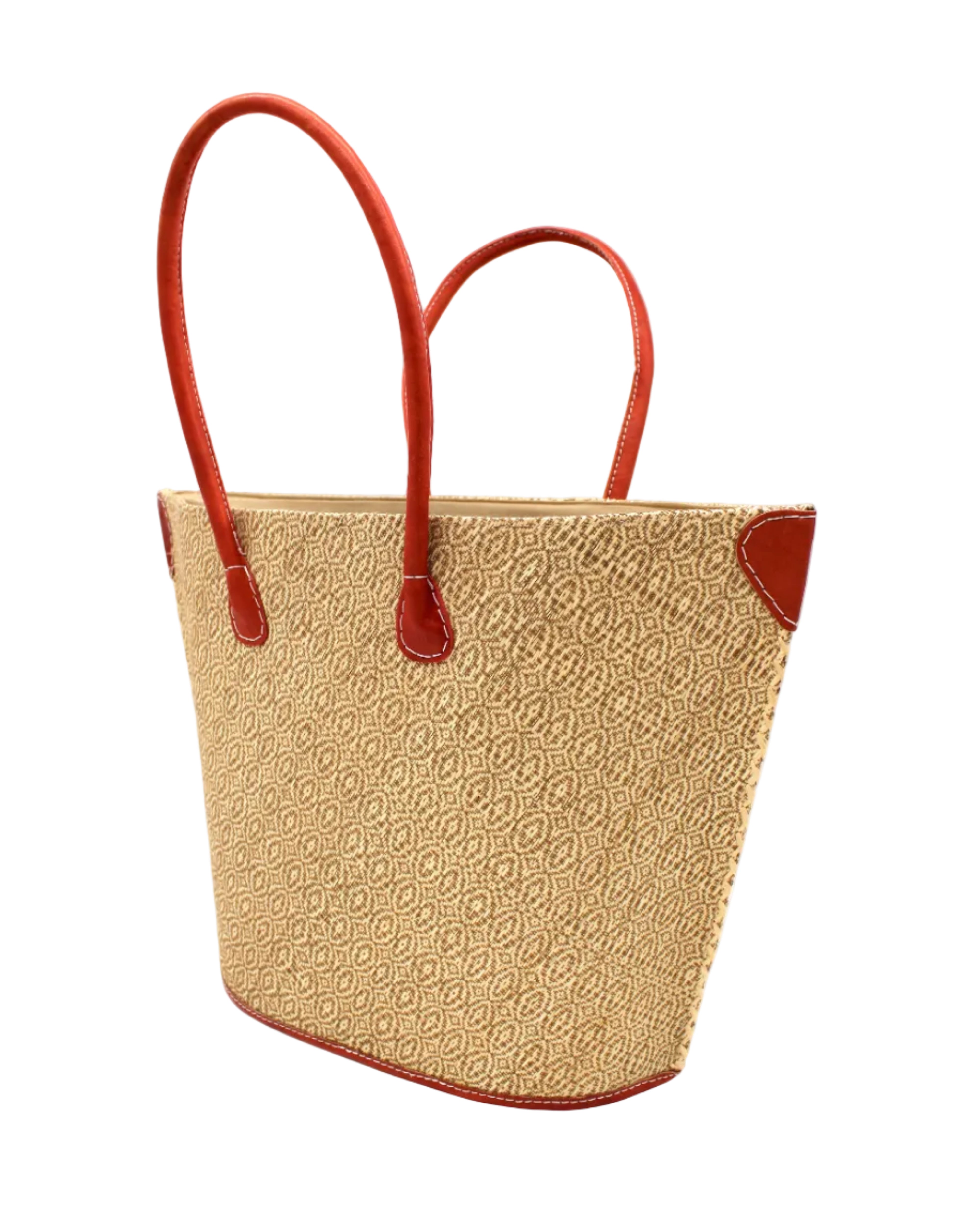 Side view Josephine Woven Small Straw Tote Bag handmade natural raffia palm fiber in natural straw color woven with contrasting Tobacco cinnamon/dark/brown thread stitching in a subtle diagonal stripe pattern consisting of bands of ovals and circles with natural cross-stitch edge and leather handles beach bag shoulder bag - Shebobo