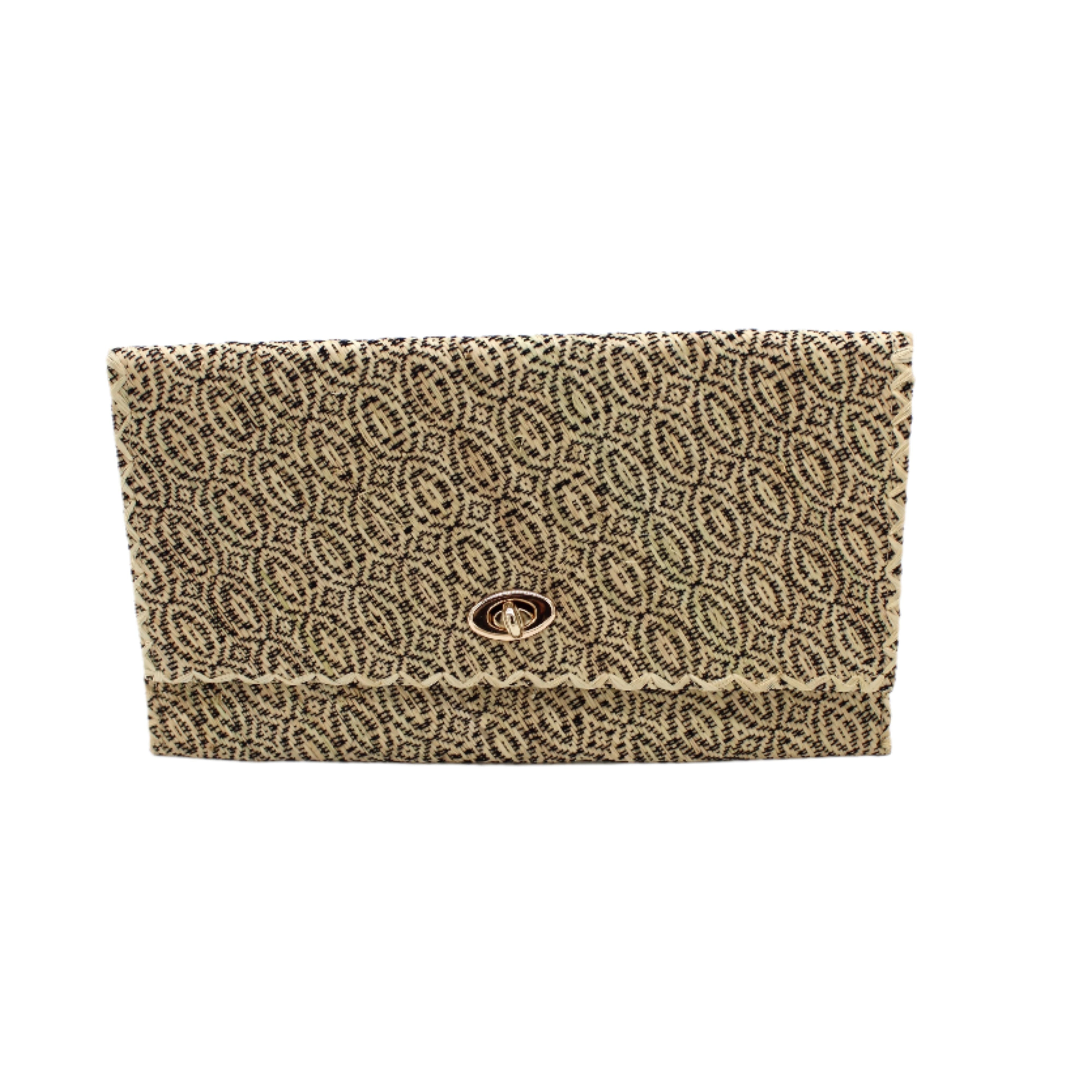 Josephine Woven Straw Clutch Purse handmade natural raffia palm fiber in natural straw color woven with contrasting black thread stitching in a subtle diagonal stripe pattern consisting of bands of ovals and circles handbag with crosshatch stitch edging - Shebobo