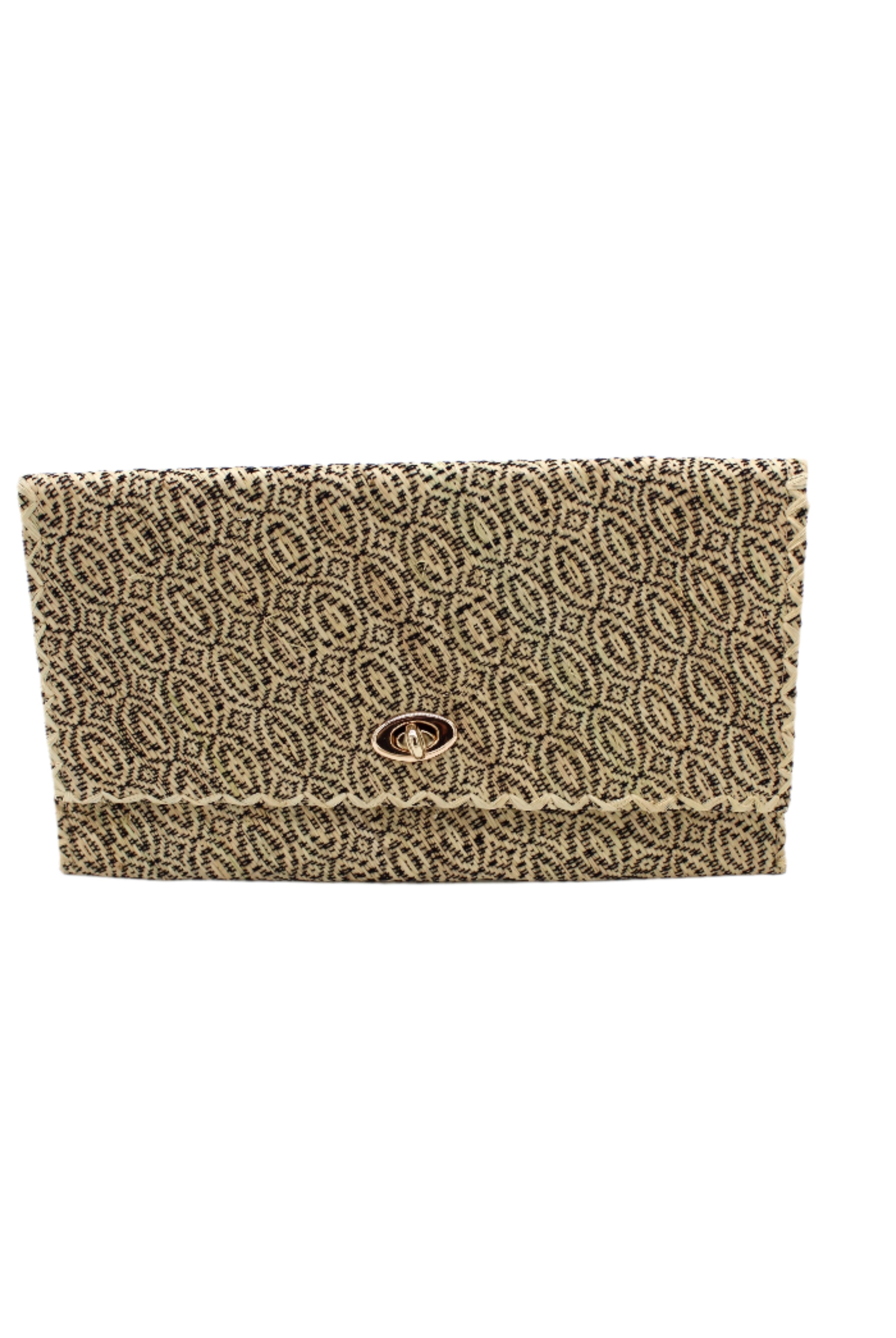 Josephine Woven Straw Clutch Purse handmade natural raffia palm fiber in natural straw color woven with contrasting black thread stitching in a subtle diagonal stripe pattern consisting of bands of ovals and circles handbag with crosshatch stitch edging - Shebobo