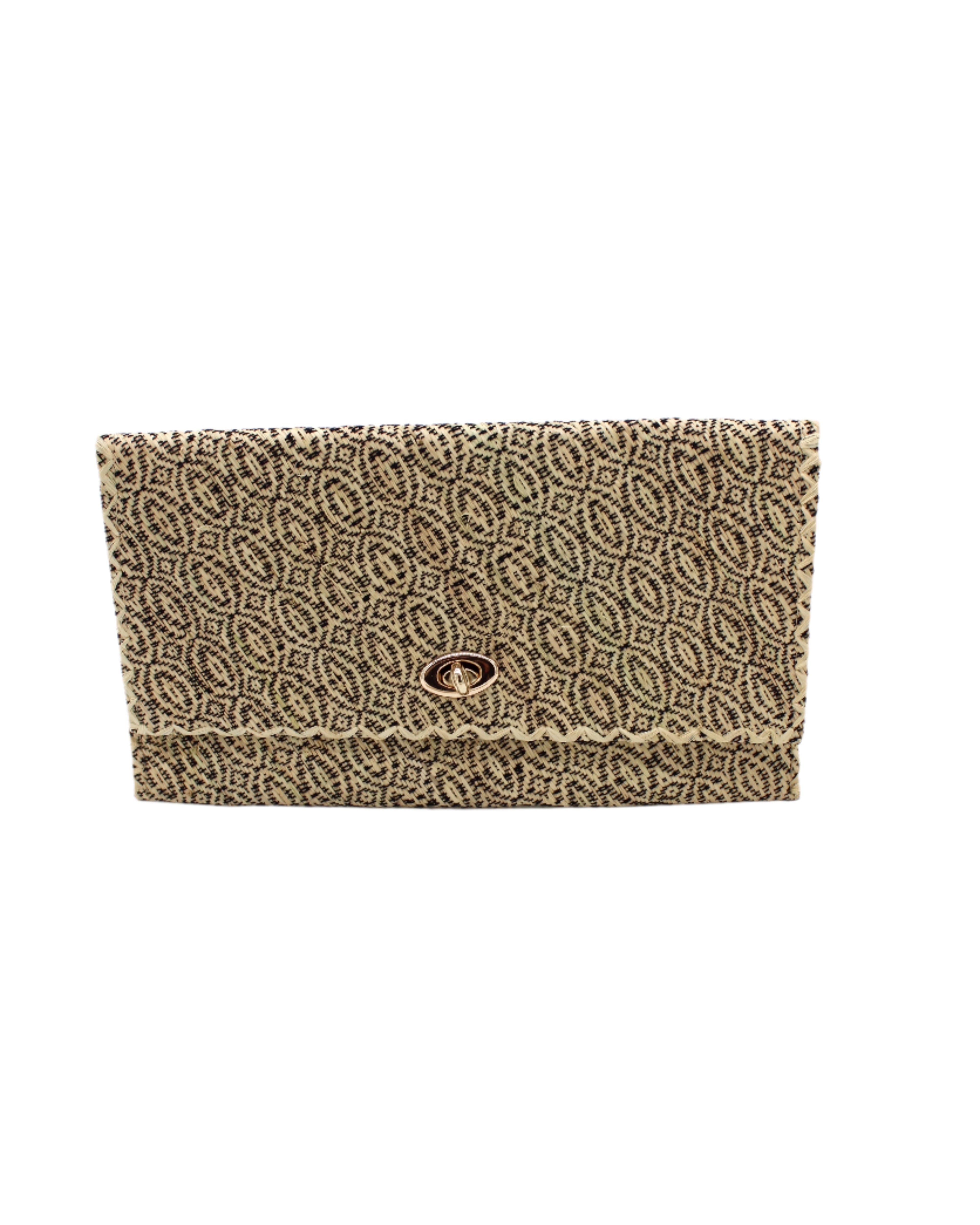 Josephine Woven Straw Clutch Purse handmade natural raffia palm fiber in natural straw color woven with contrasting black thread stitching in a subtle diagonal stripe pattern consisting of bands of ovals and circles handbag with crosshatch stitch edging - Shebobo