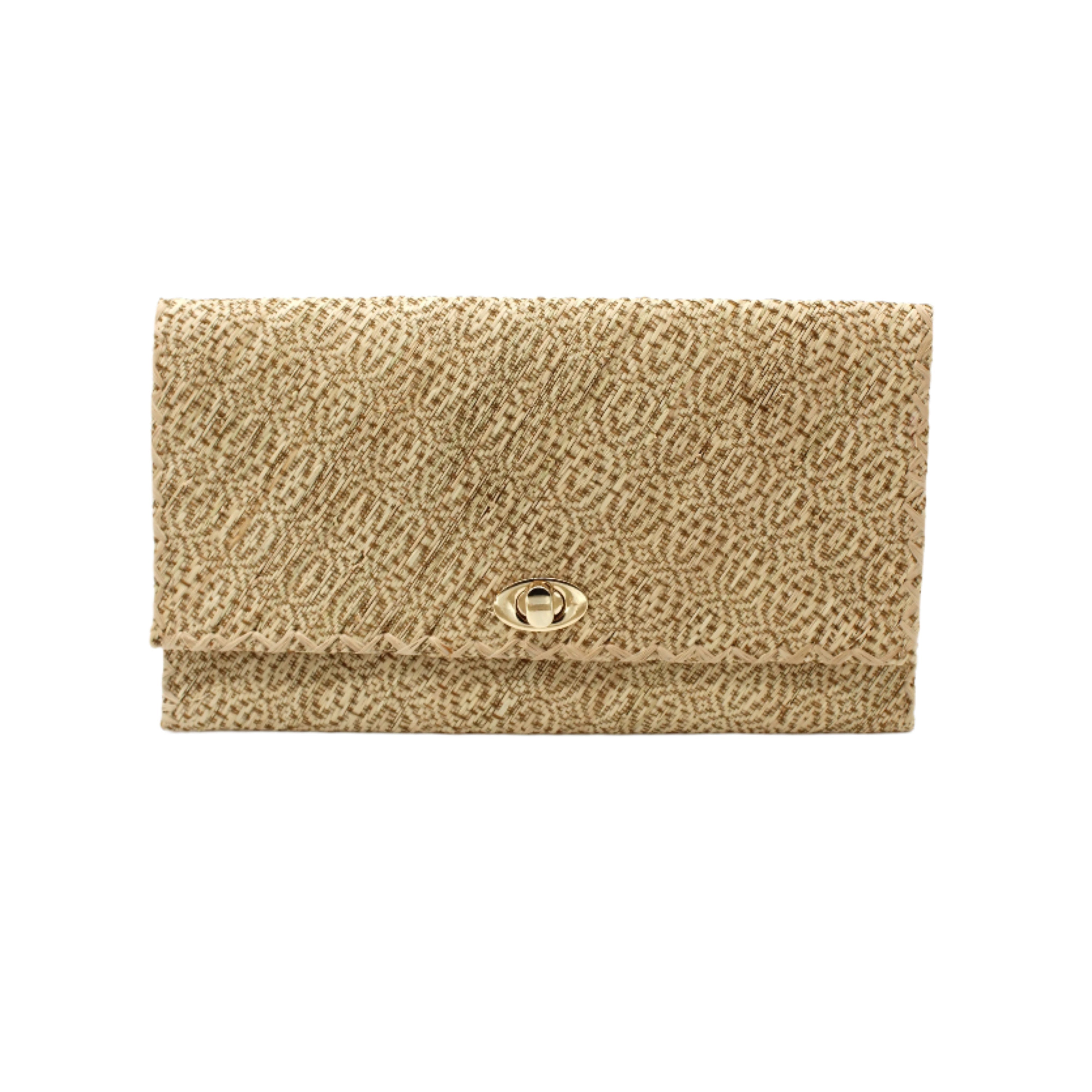 Josephine Woven Straw Clutch Purse handmade natural raffia palm fiber in natural straw color woven with contrasting cinnamon tobacco/dark/brown thread stitching in a subtle diagonal stripe pattern consisting of bands of ovals and circles handbag with crosshatch stitch edging - Shebobo