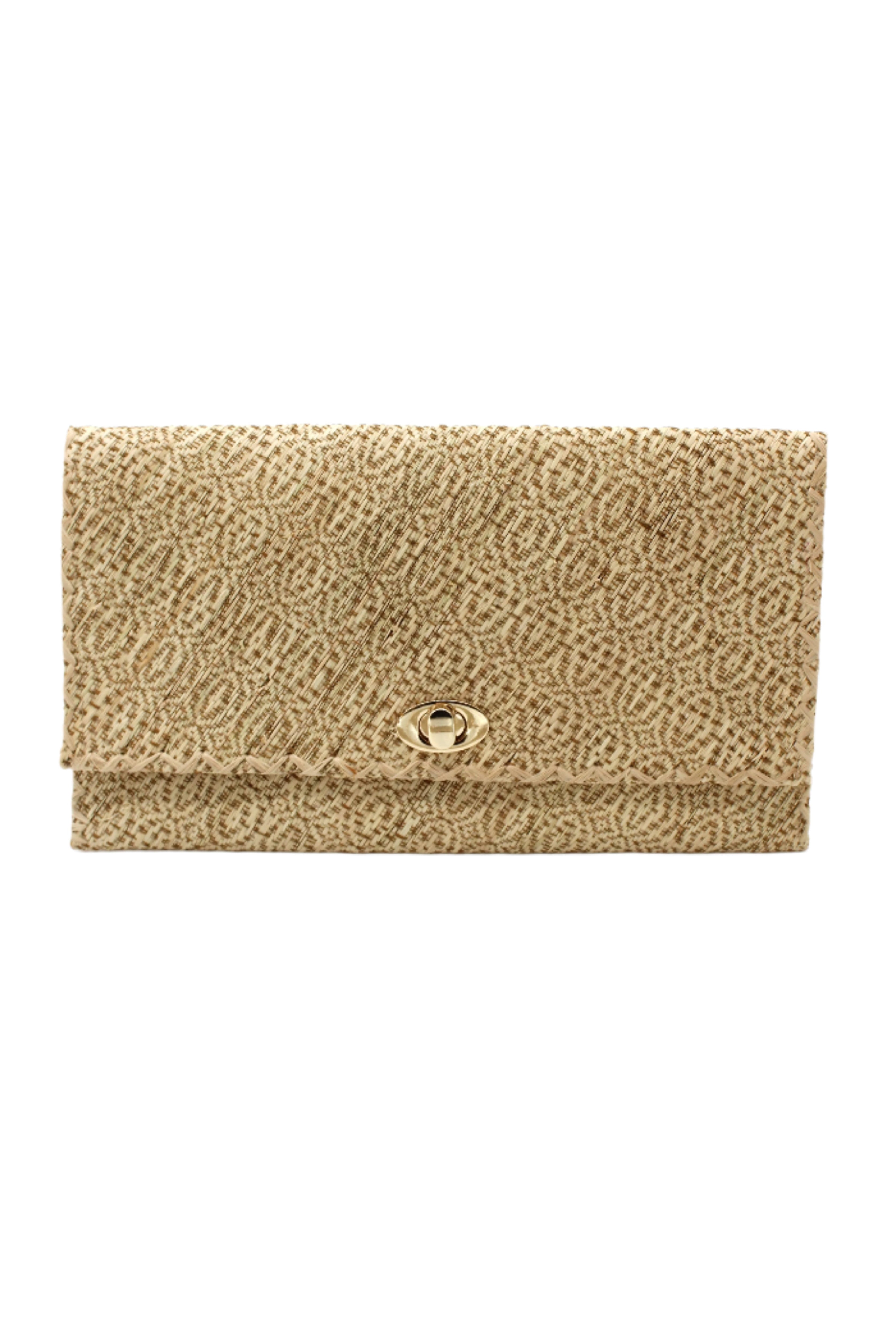 Josephine Woven Straw Clutch Purse handmade natural raffia palm fiber in natural straw color woven with contrasting cinnamon tobacco/dark/brown thread stitching in a subtle diagonal stripe pattern consisting of bands of ovals and circles handbag with crosshatch stitch edging - Shebobo
