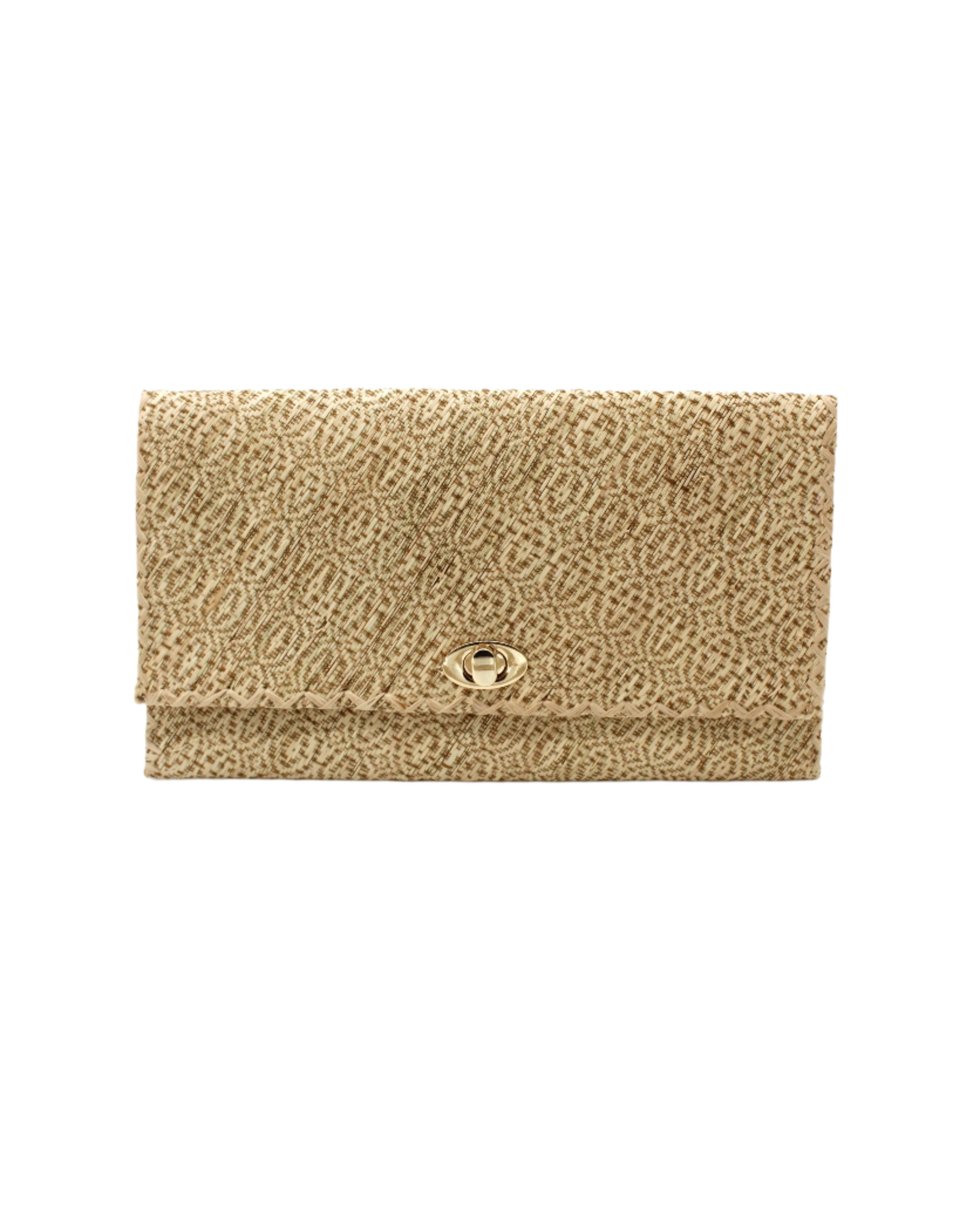 Josephine Woven Straw Clutch Purse handmade natural raffia palm fiber in natural straw color woven with contrasting cinnamon tobacco/dark/brown thread stitching in a subtle diagonal stripe pattern consisting of bands of ovals and circles handbag with crosshatch stitch edging - Shebobo