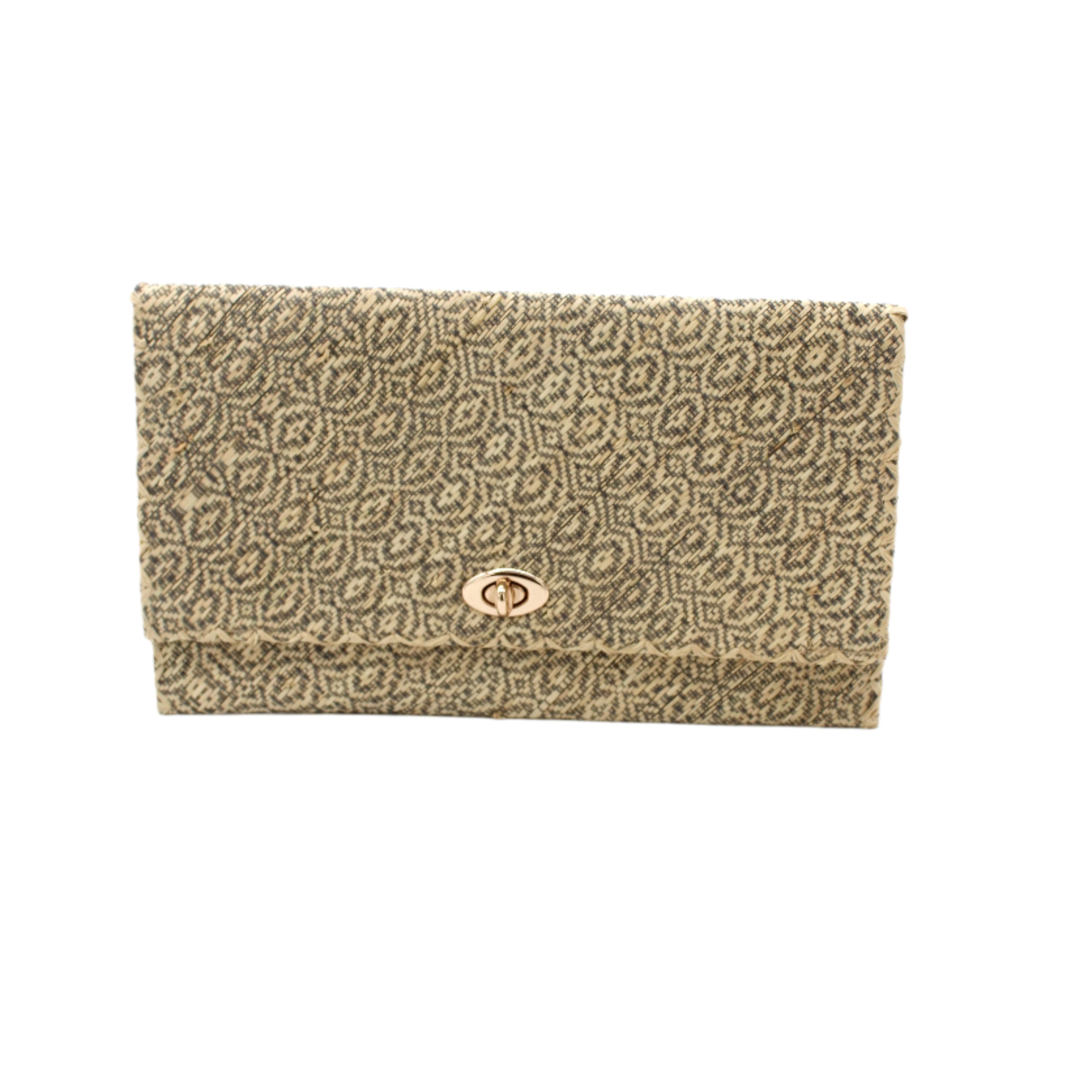 Josephine Woven Straw Clutch Purse handmade natural raffia palm fiber in natural straw color woven with contrasting grey thread stitching in a subtle diagonal stripe pattern consisting of bands of ovals and circles handbag with crosshatch stitch edging - Shebobo
