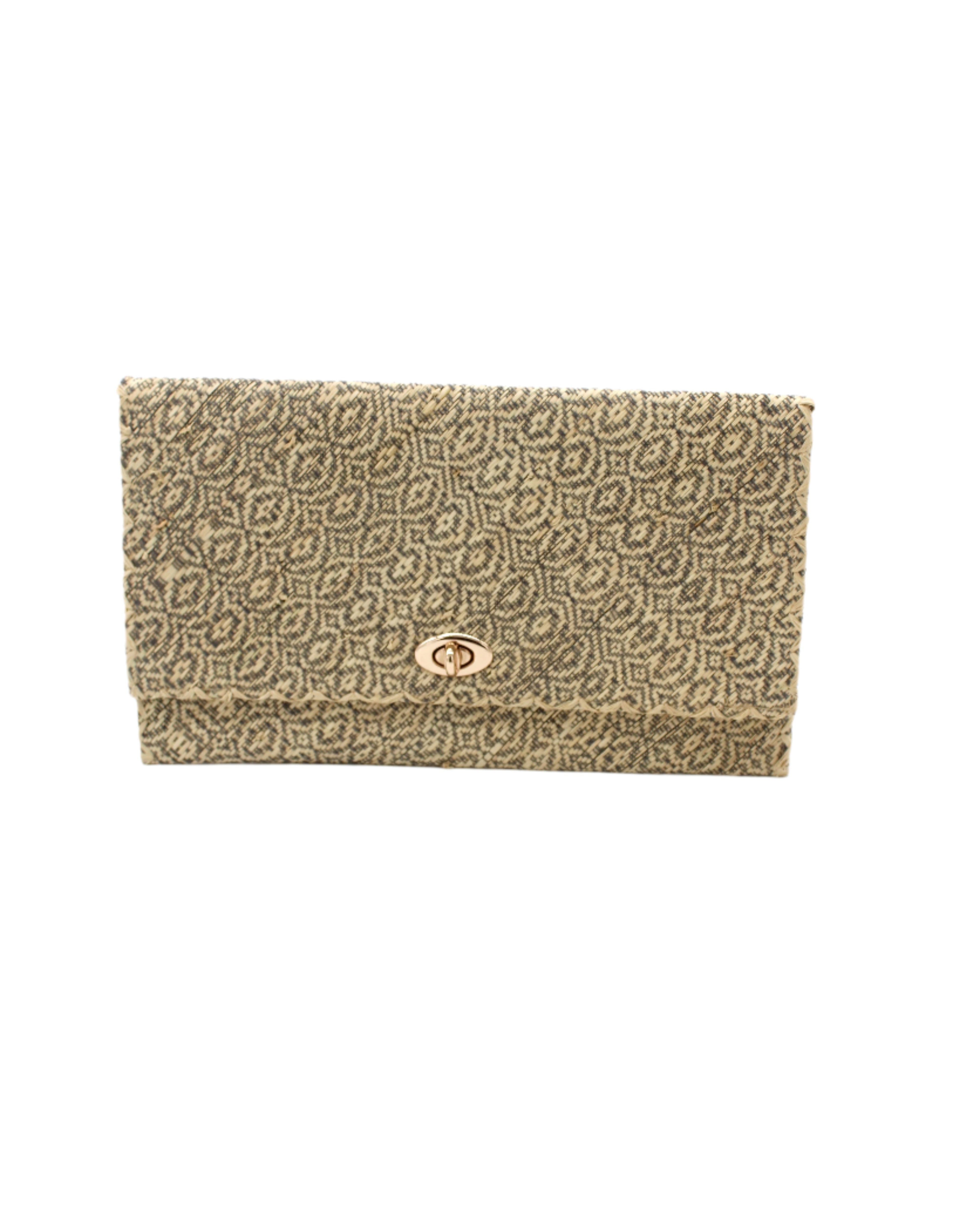 Josephine Woven Straw Clutch Purse handmade natural raffia palm fiber in natural straw color woven with contrasting grey thread stitching in a subtle diagonal stripe pattern consisting of bands of ovals and circles handbag with crosshatch stitch edging - Shebobo