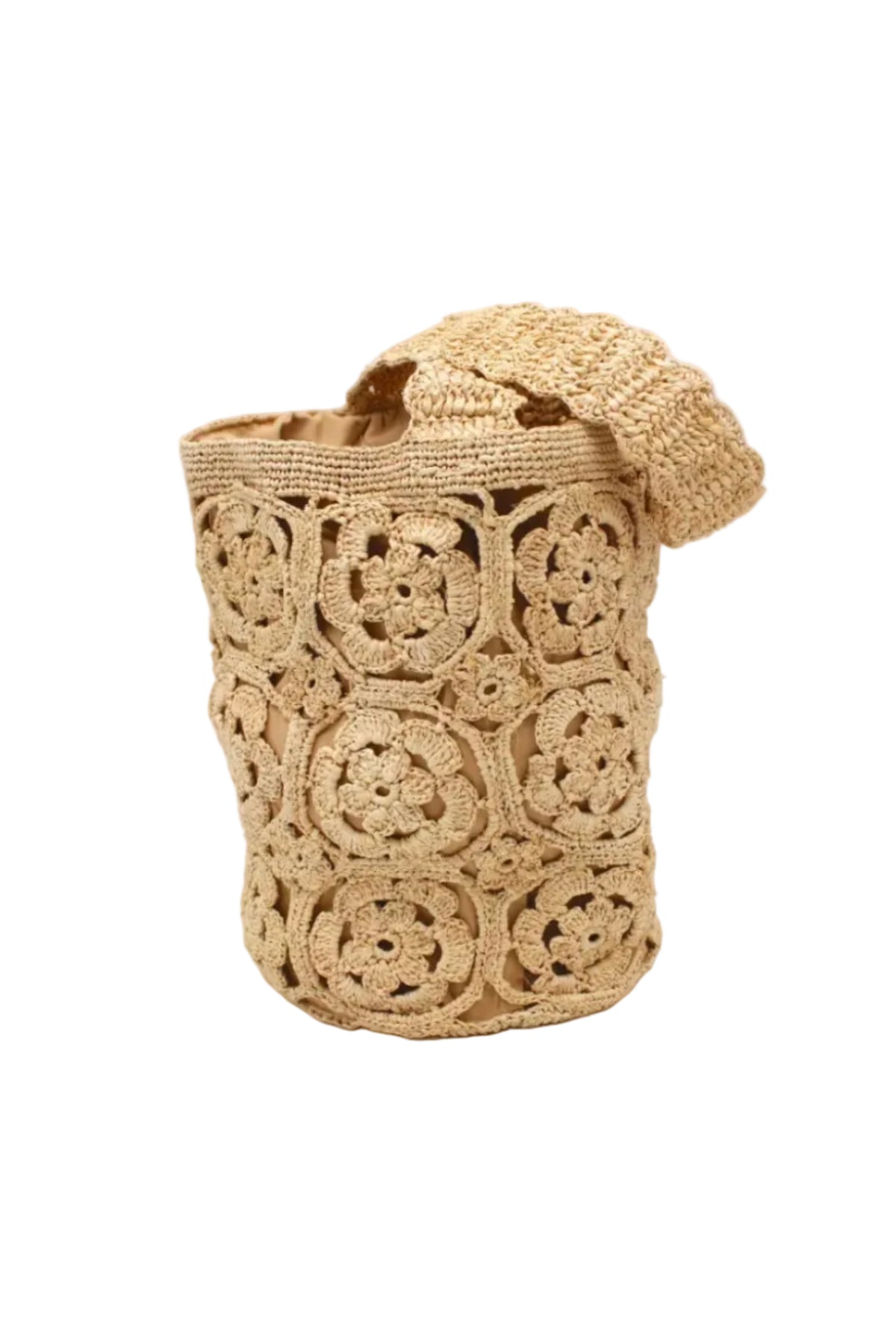 Juliette Flower Crochet Raffia Straw Basket Bucket Handbag handmade natural raffia palm fiber in a solid hue of natural straw color woven into a geometric granny square floral cutout pattern with two size flowers around the circumference of the bag and a horizontal band of link texture around the top of the bag with scalloped edge woven single shoulder strap - Shebobo
