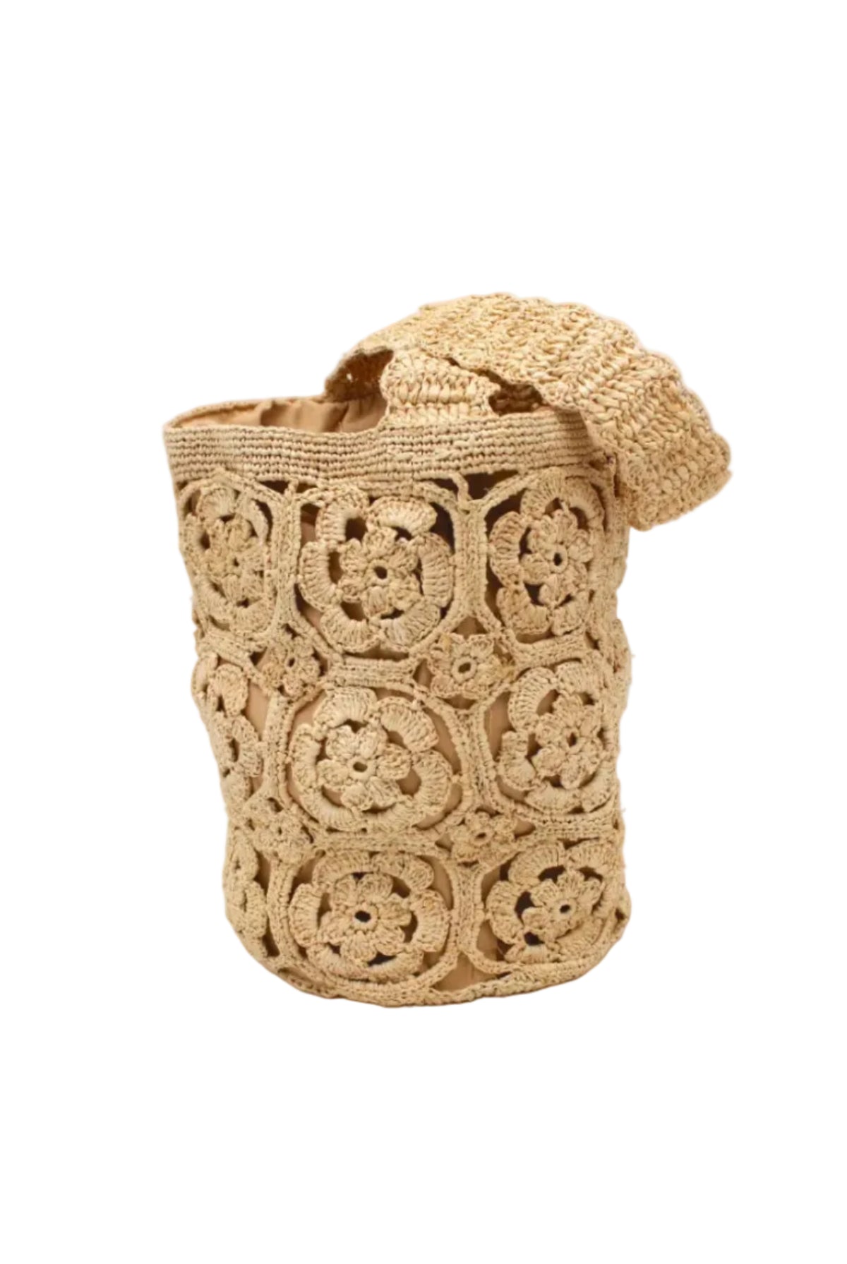 Juliette Flower Crochet Raffia Straw Basket Bucket Handbag handmade natural raffia palm fiber in a solid hue of natural straw color woven into a geometric granny square floral cutout pattern with two size flowers around the circumference of the bag and a horizontal band of link texture around the top of the bag with scalloped edge woven single shoulder strap - Shebobo