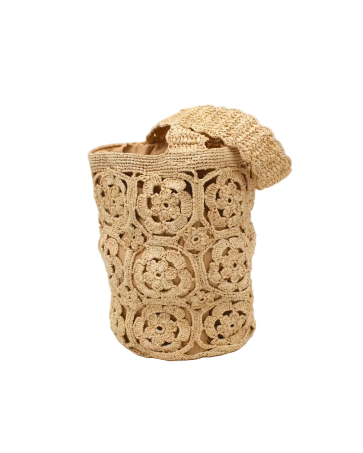 Juliette Flower Crochet Raffia Straw Basket Bucket Handbag handmade natural raffia palm fiber in a solid hue of natural straw color woven into a geometric granny square floral cutout pattern with two size flowers around the circumference of the bag and a horizontal band of link texture around the top of the bag with scalloped edge woven single shoulder strap - Shebobo