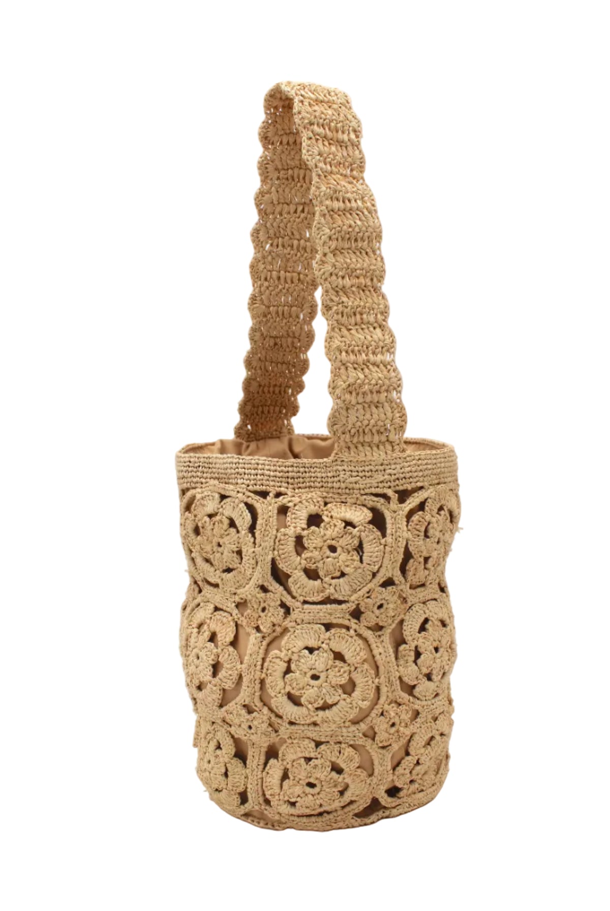 Juliette Flower Crochet Raffia Straw Basket Bucket Handbag handmade natural raffia palm fiber in a solid hue of natural straw color woven into a geometric granny square floral cutout pattern with two size flowers around the circumference of the bag and a horizontal band of link texture around the top of the bag with scalloped edge woven single shoulder strap - Shebobo