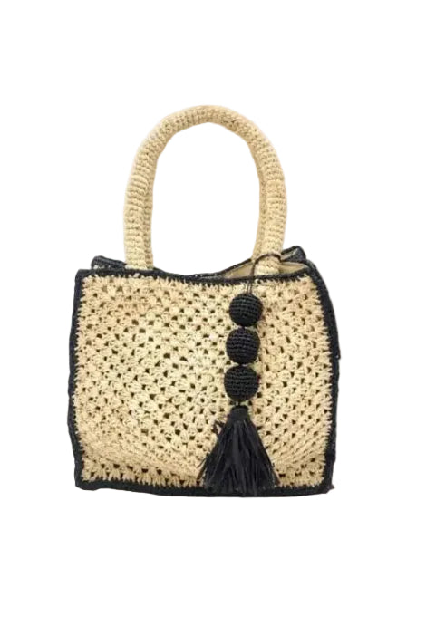 Kimba handmade crochet two tone handbag purse natural straw color with black trim and crochet cascading balls plus tassel bag charm embellishment - Shebobo