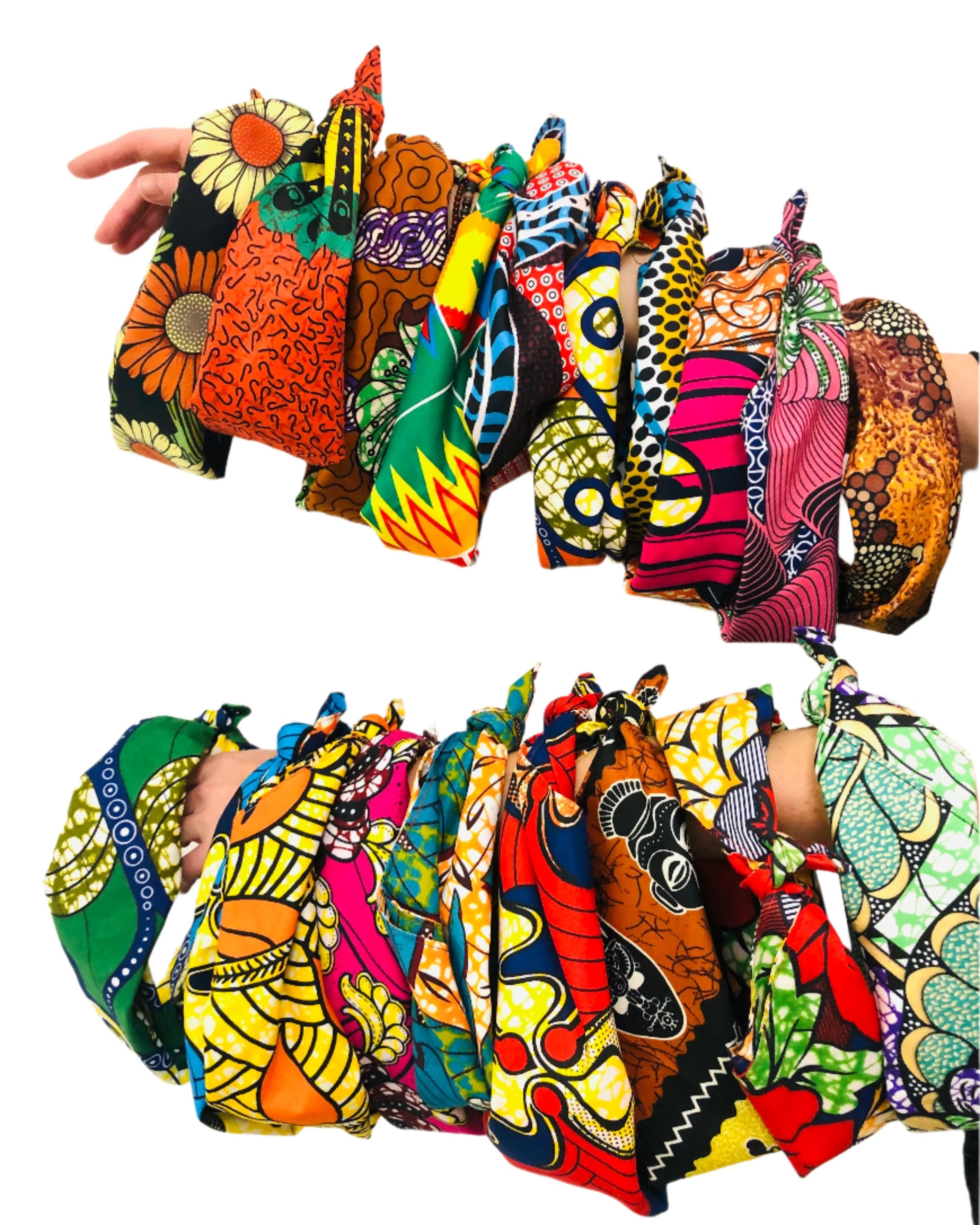 Kamari African Print Wax Cloth Multicolor bright bold fun assorted print double layer bandanas can be worn as headbands or scarves - Shebobo