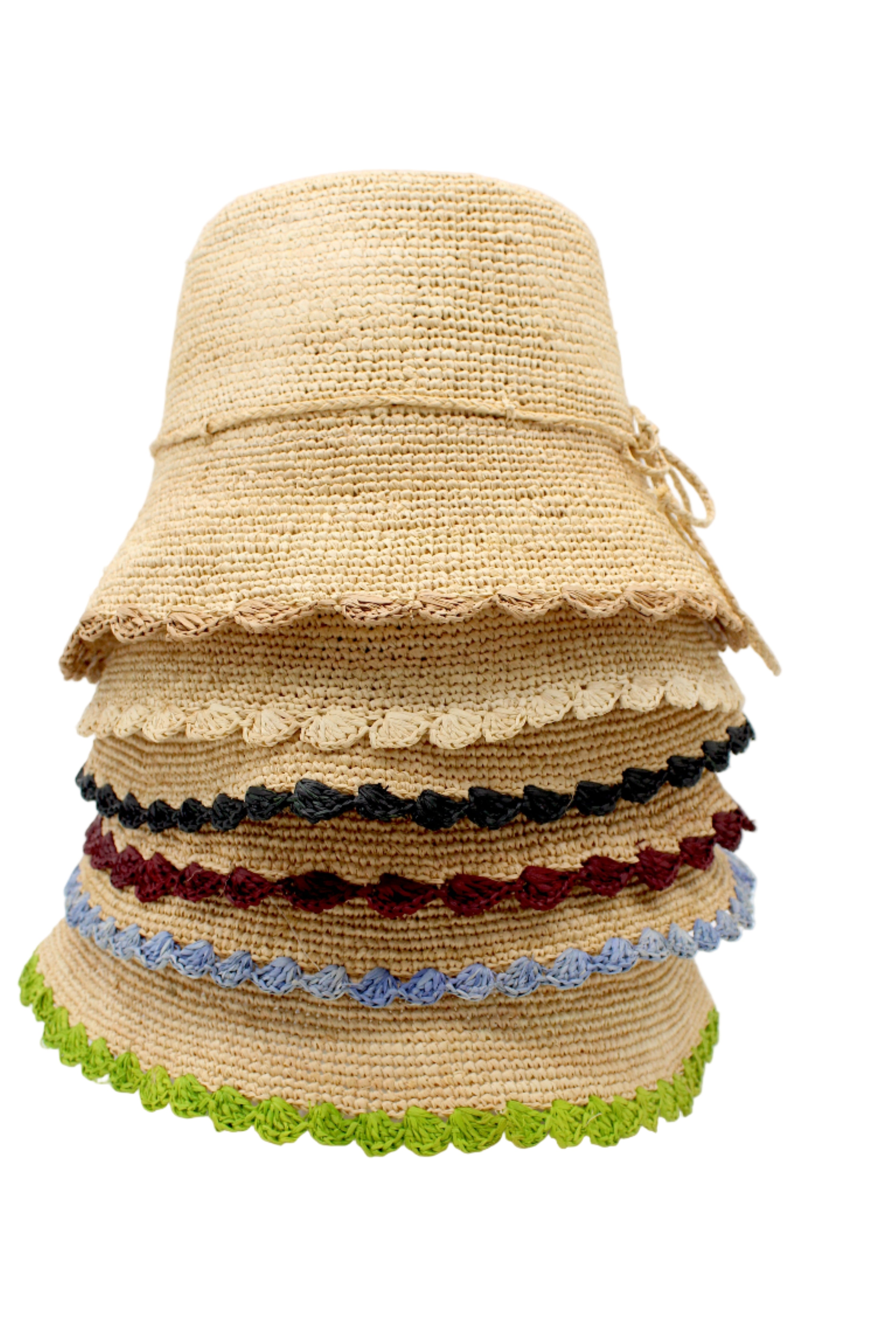 Kate Natural with Cappuccino Crochet Bucket Straw Hats with Colored Lace Weave Edge handmade woven raffia palm fiber in a solid hue of natural straw color in a subtle link texture with colored lace weave floral edge trim around the outer brim two tone multicolor uv protection hat - Shebobo