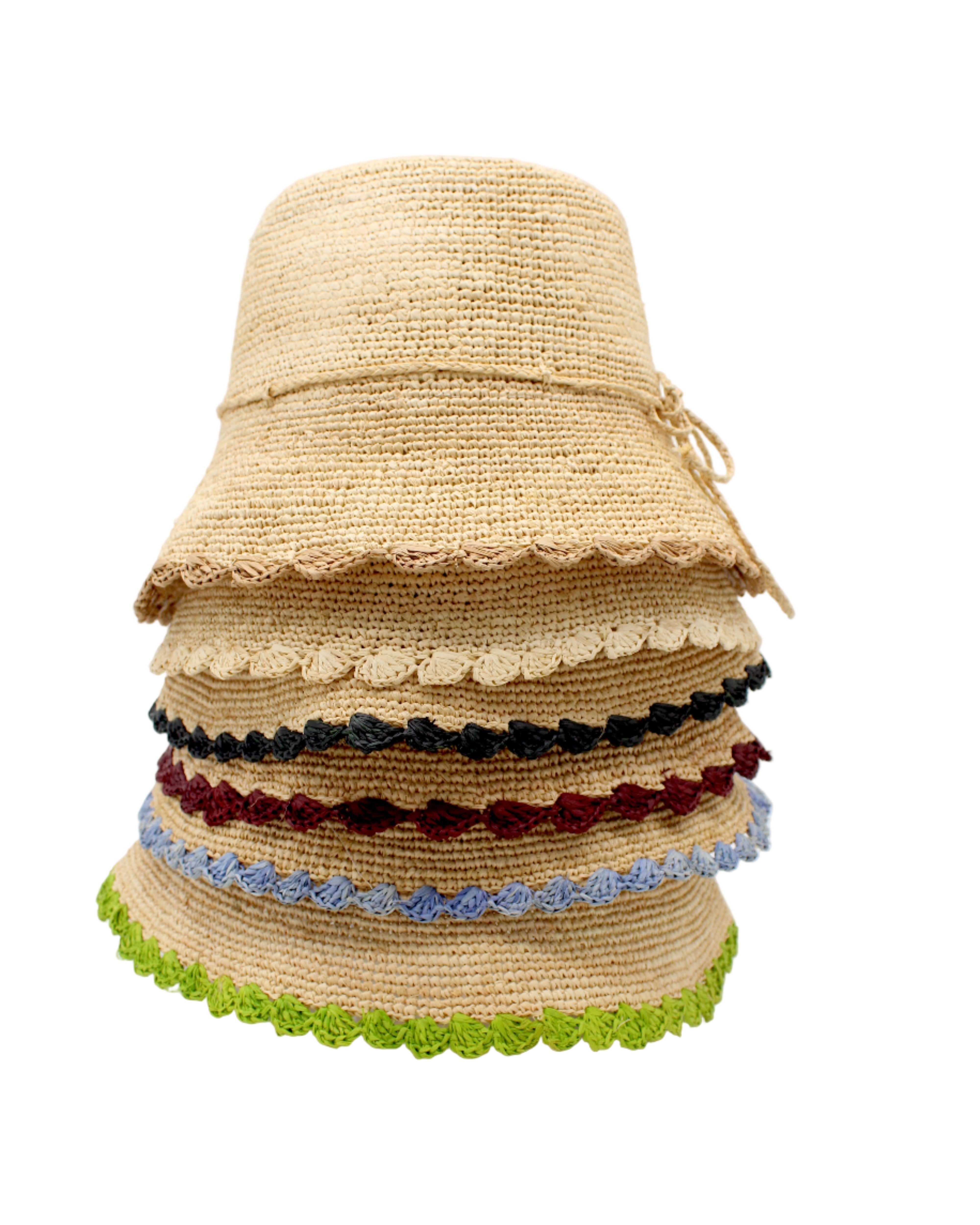 Kate Natural with Cappuccino Crochet Bucket Straw Hats with Colored Lace Weave Edge handmade woven raffia palm fiber in a solid hue of natural straw color in a subtle link texture with colored lace weave floral edge trim around the outer brim two tone multicolor uv protection hat - Shebobo